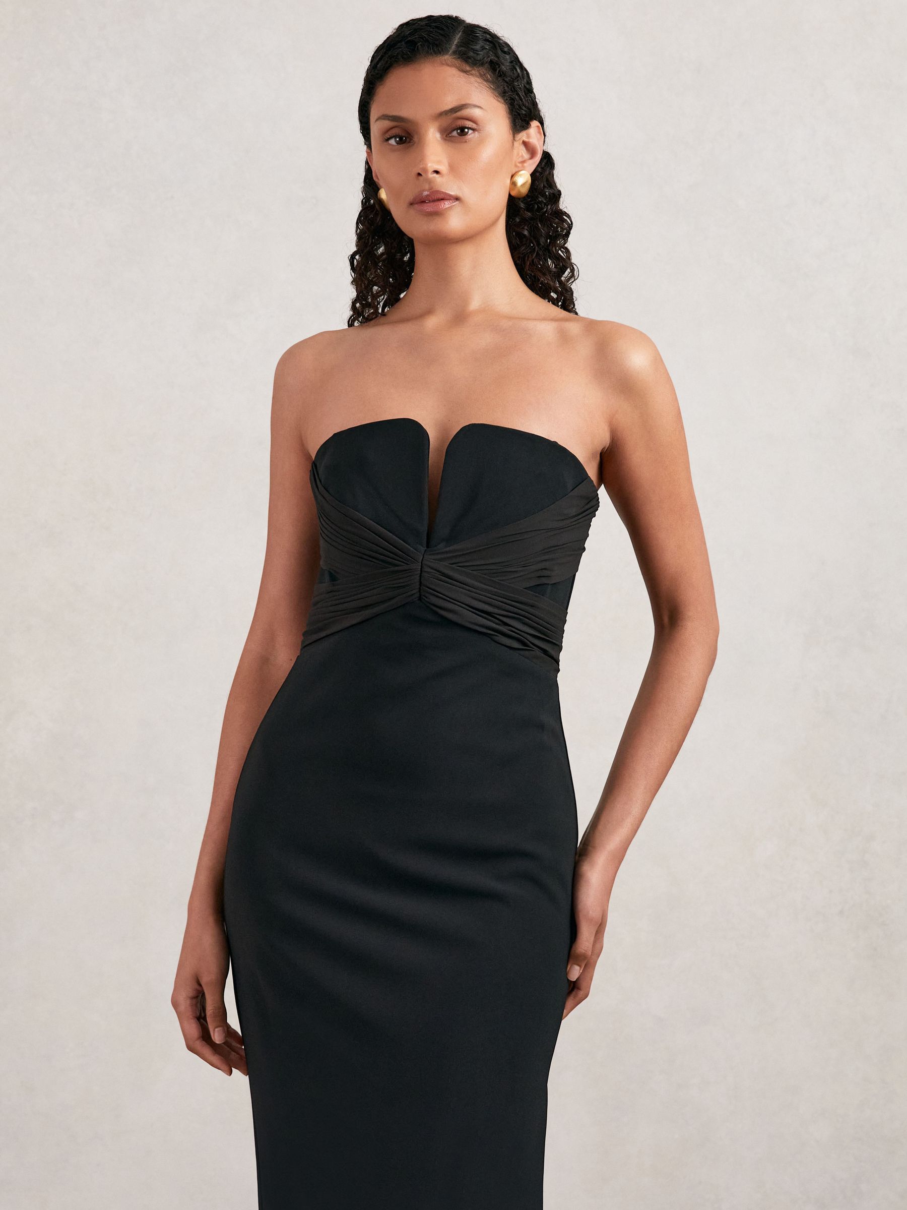 Halston Strapless Crepe Midi Dress in Black