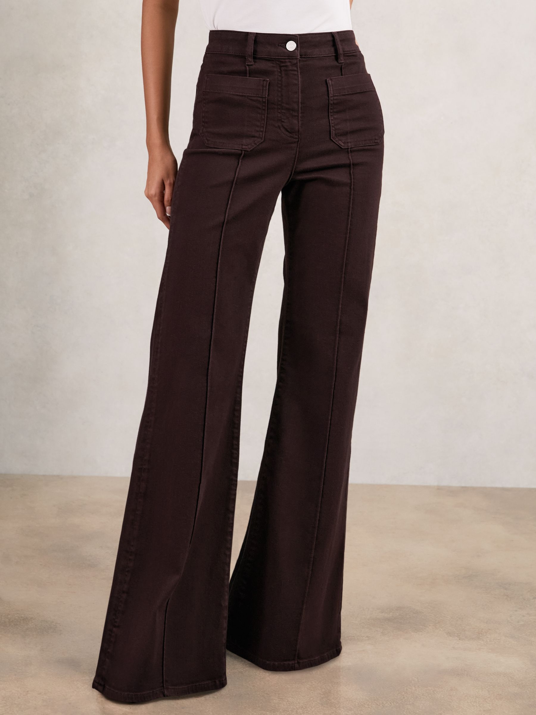 Patch-Pocket Flared Jeans in Burgundy