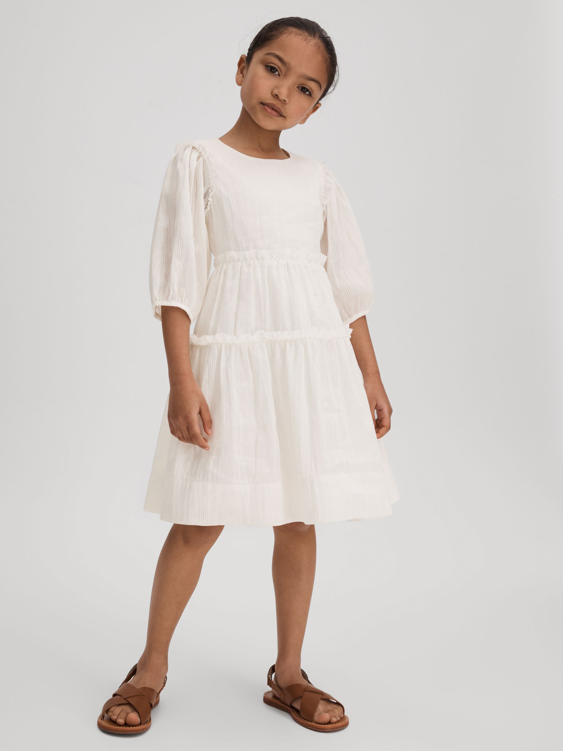9-13 yrs Tiered Linen Blend Puff Sleeve Dress in Ivory