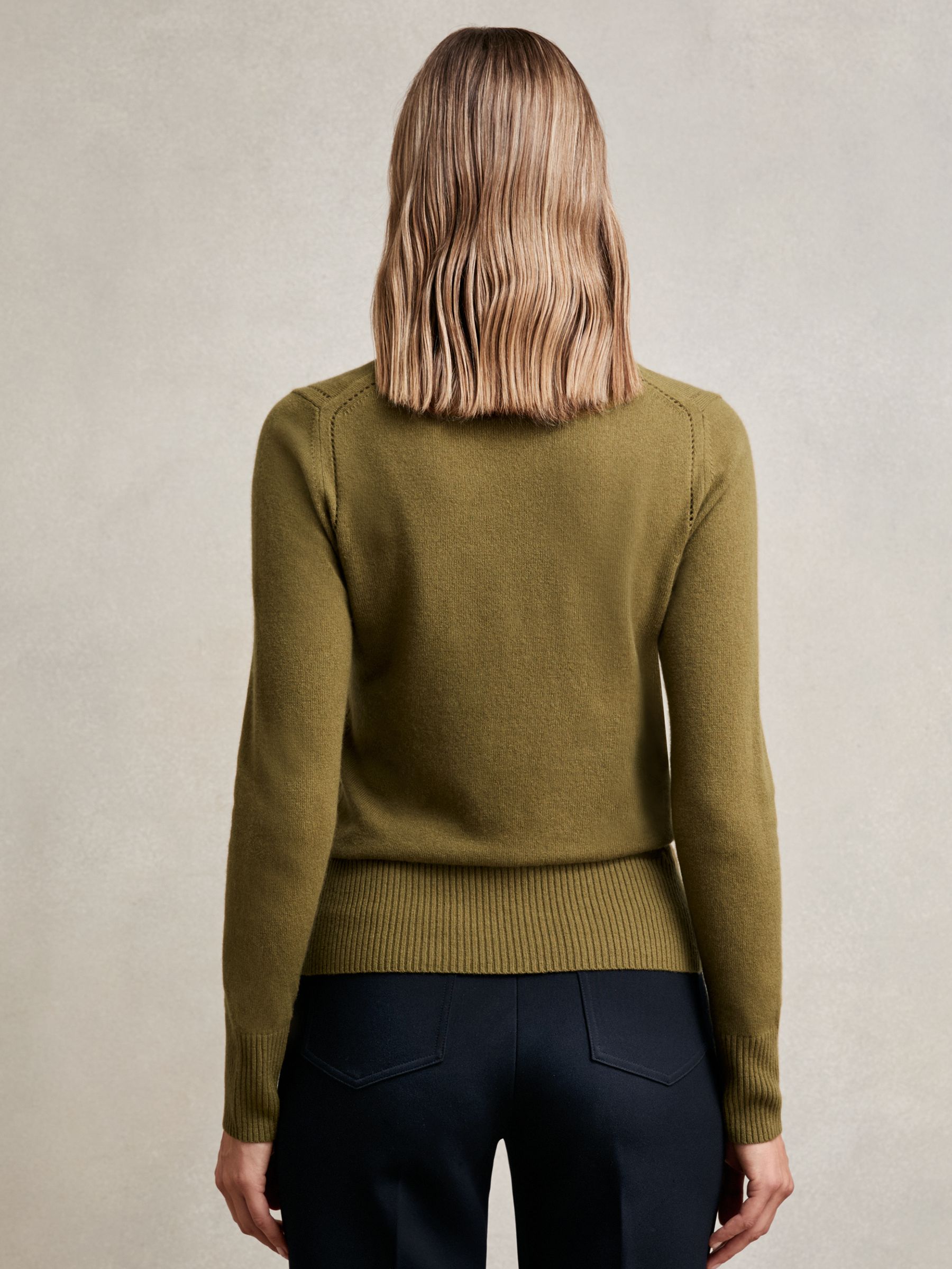 Wool-Blend Open-Stitch Jumper with Cashmere in Khaki Green