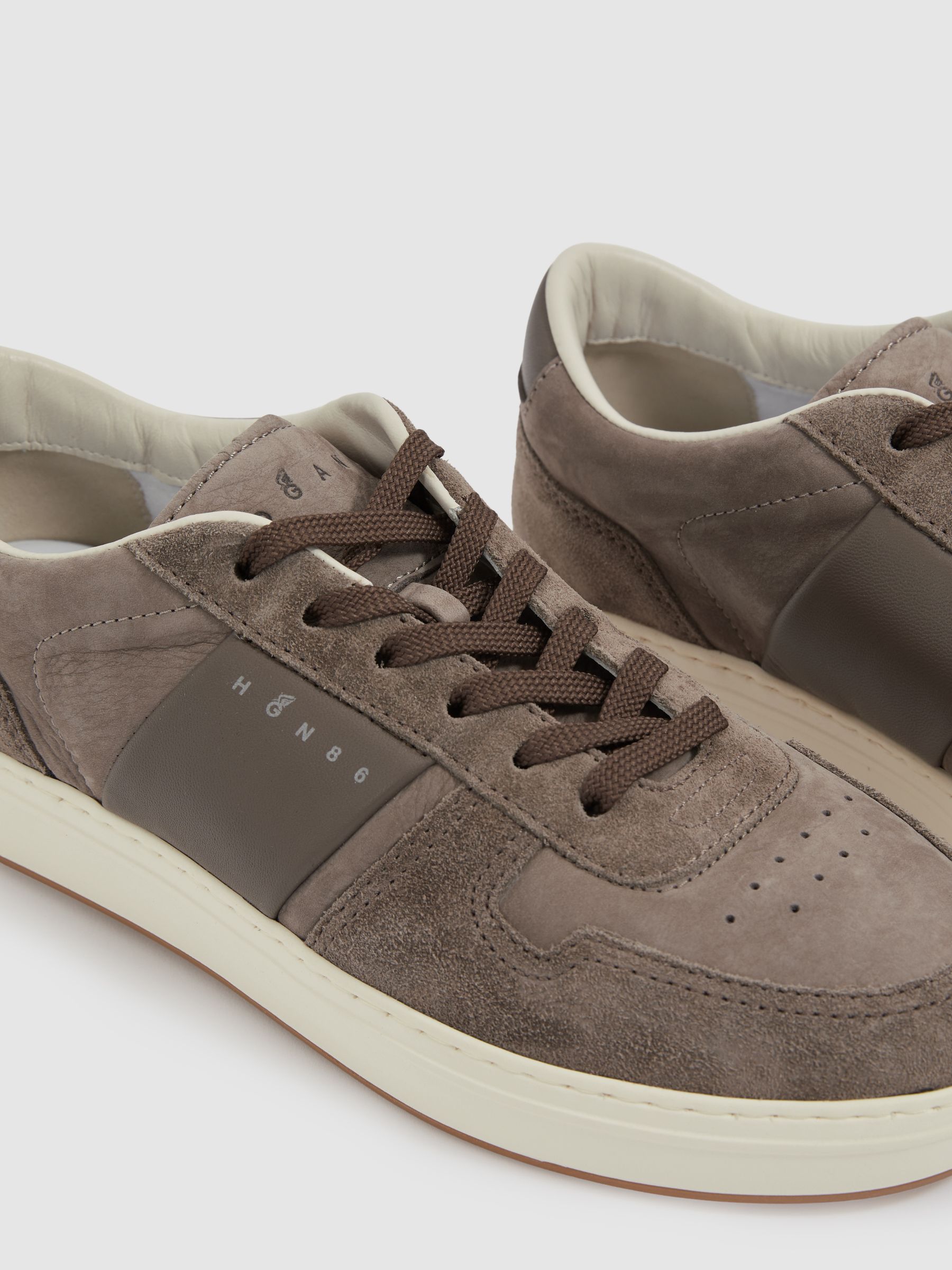 Hogan Leather And Suede Lace-Up Trainers in Dark Khaki