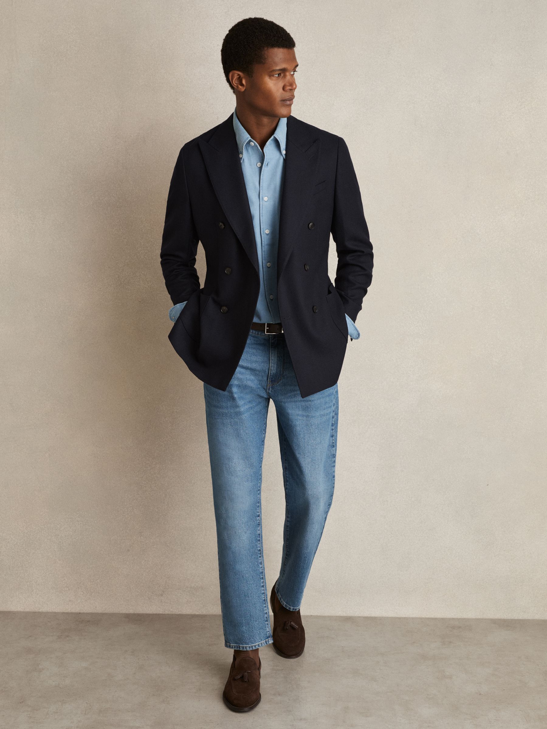 Cotton-Piqué Button-Down Chambray Shirt in Washed Blue