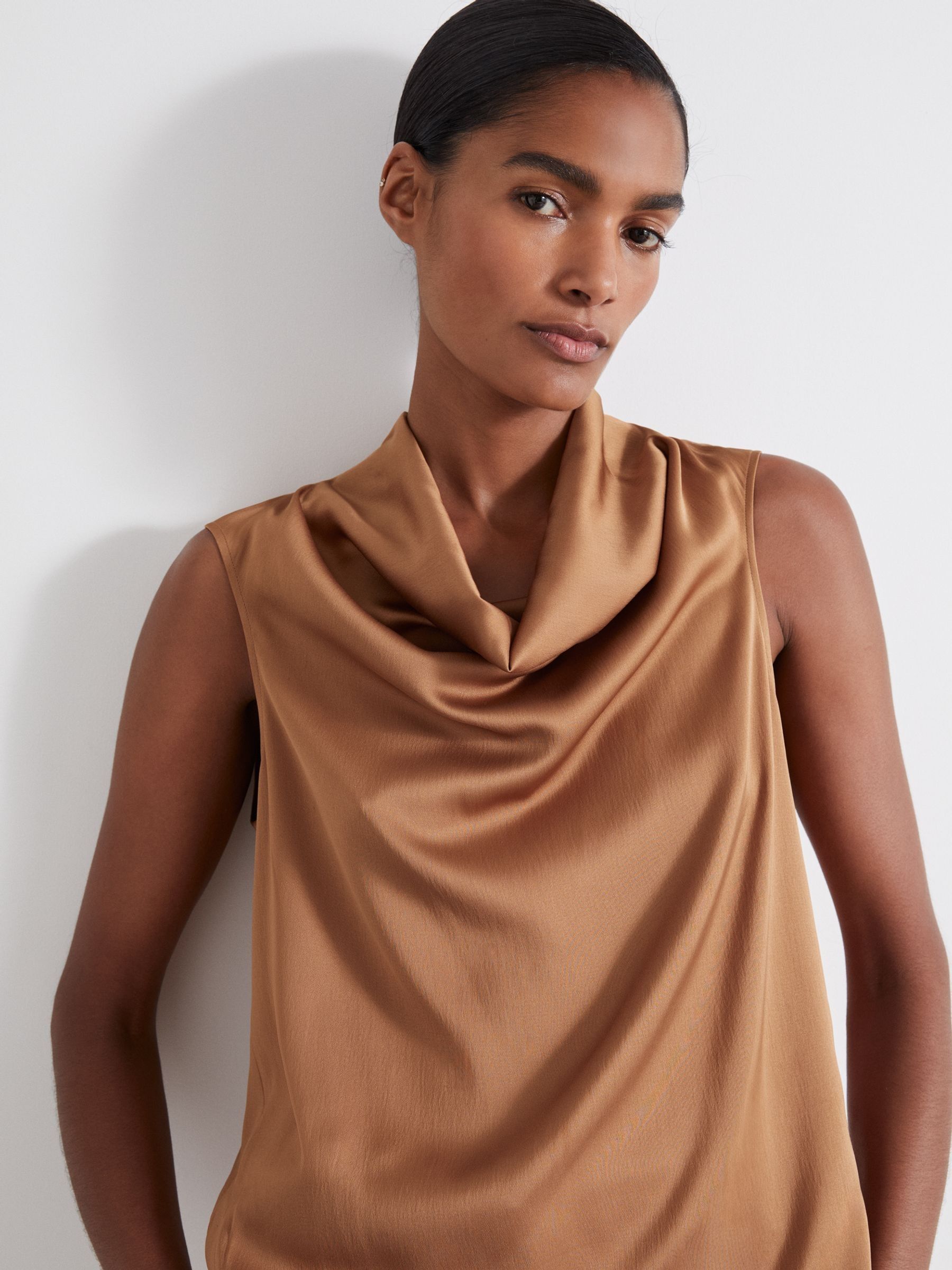Atelier Satin Cowl-Neck Top in Tan
