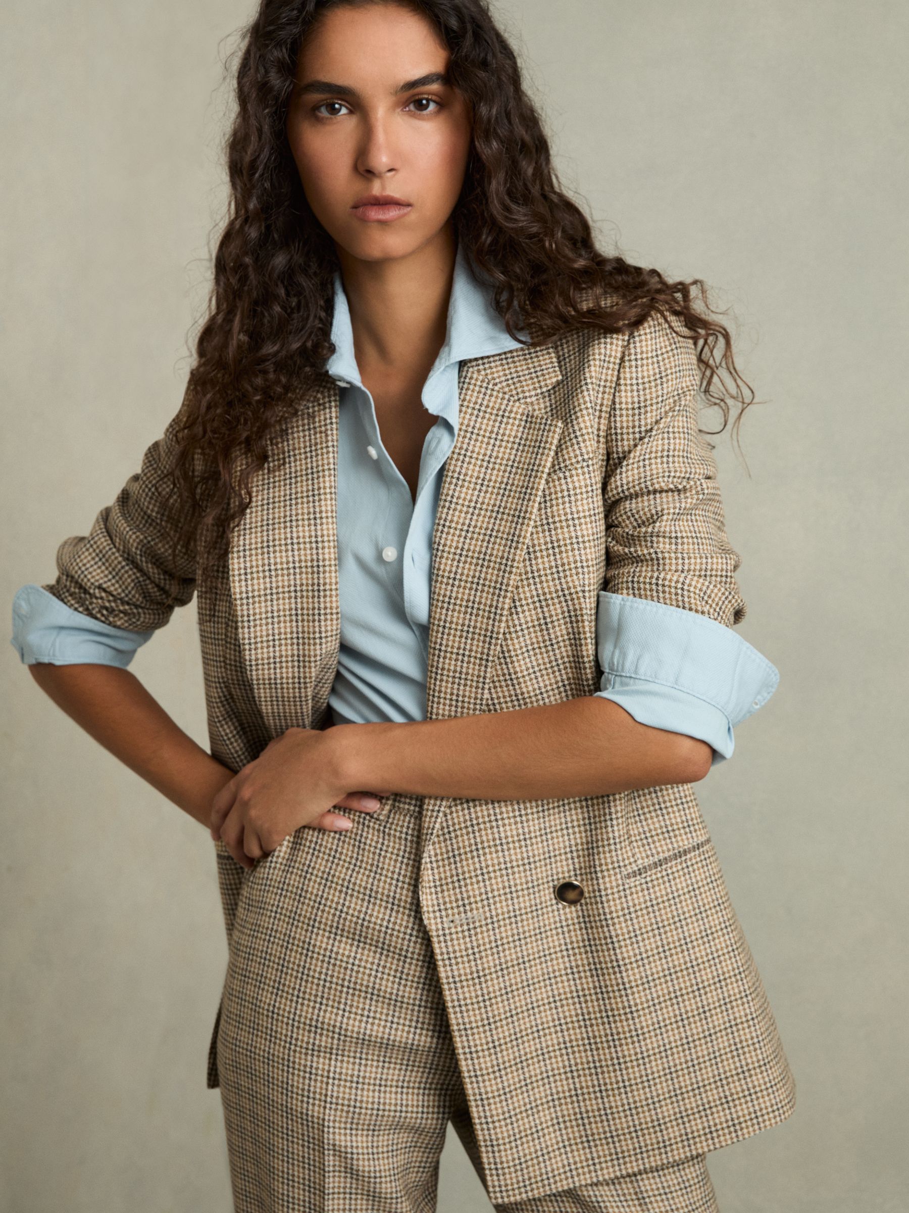 Wool Double-Breasted Houndstooth-Check Blazer in Brown Check
