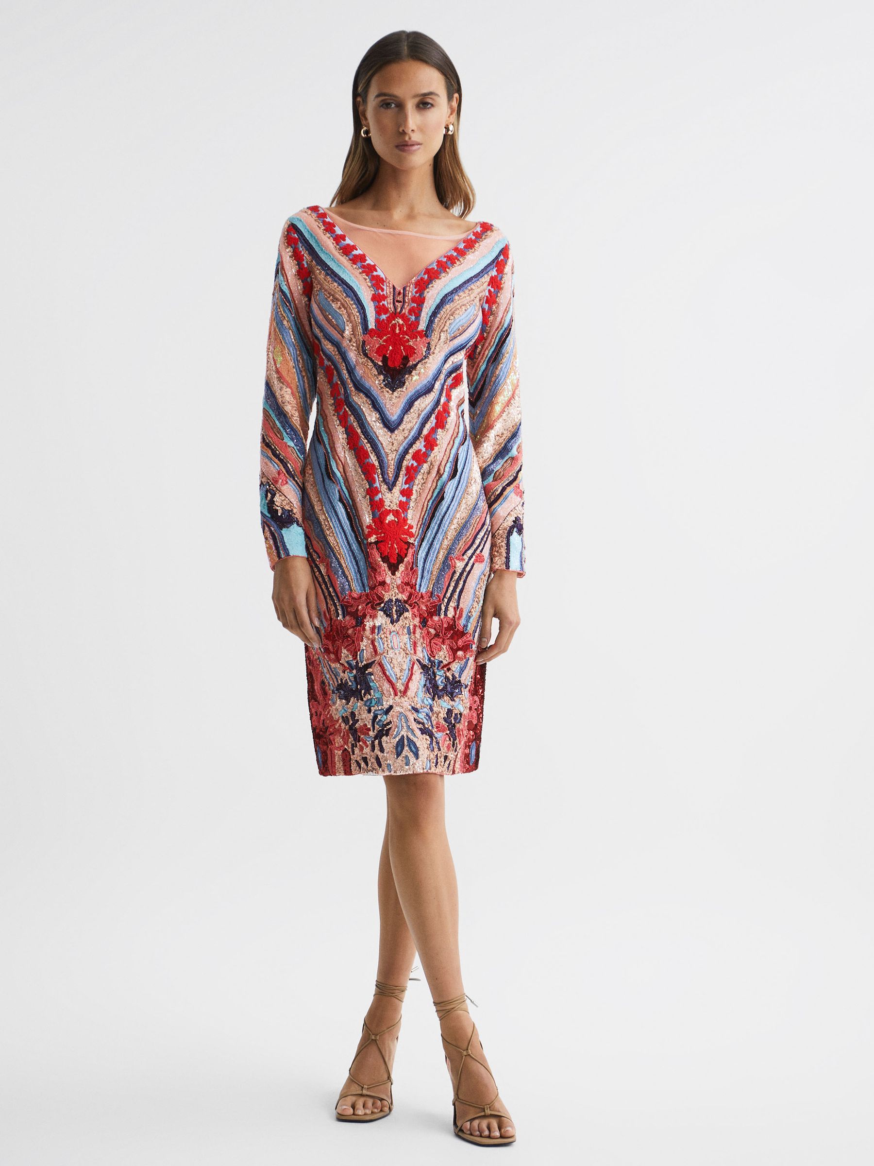 Raishma Embellished Textured Mini Dress in Pink Multi
