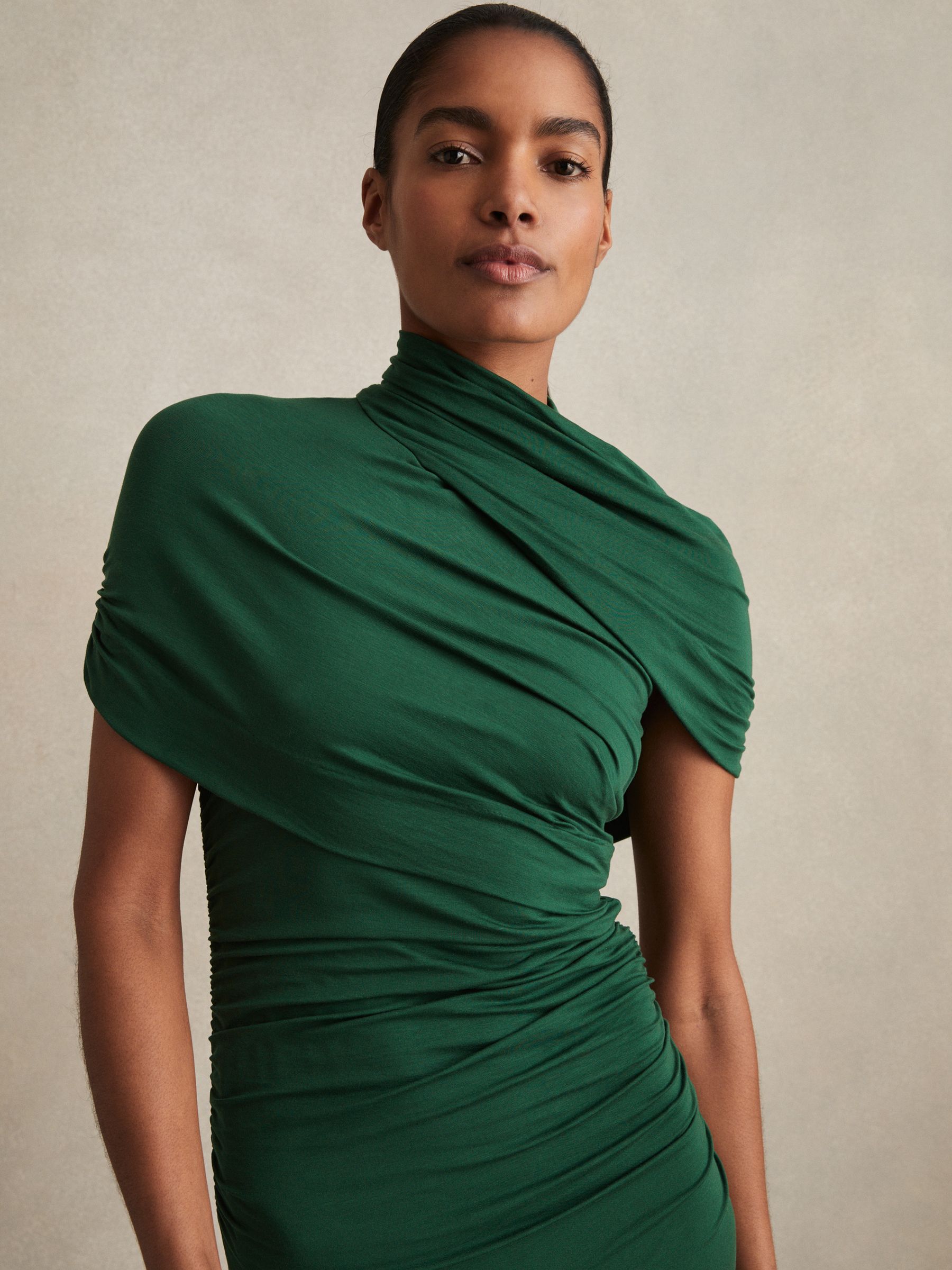 Stretch Lyocell Ruched Midi Dress in Green