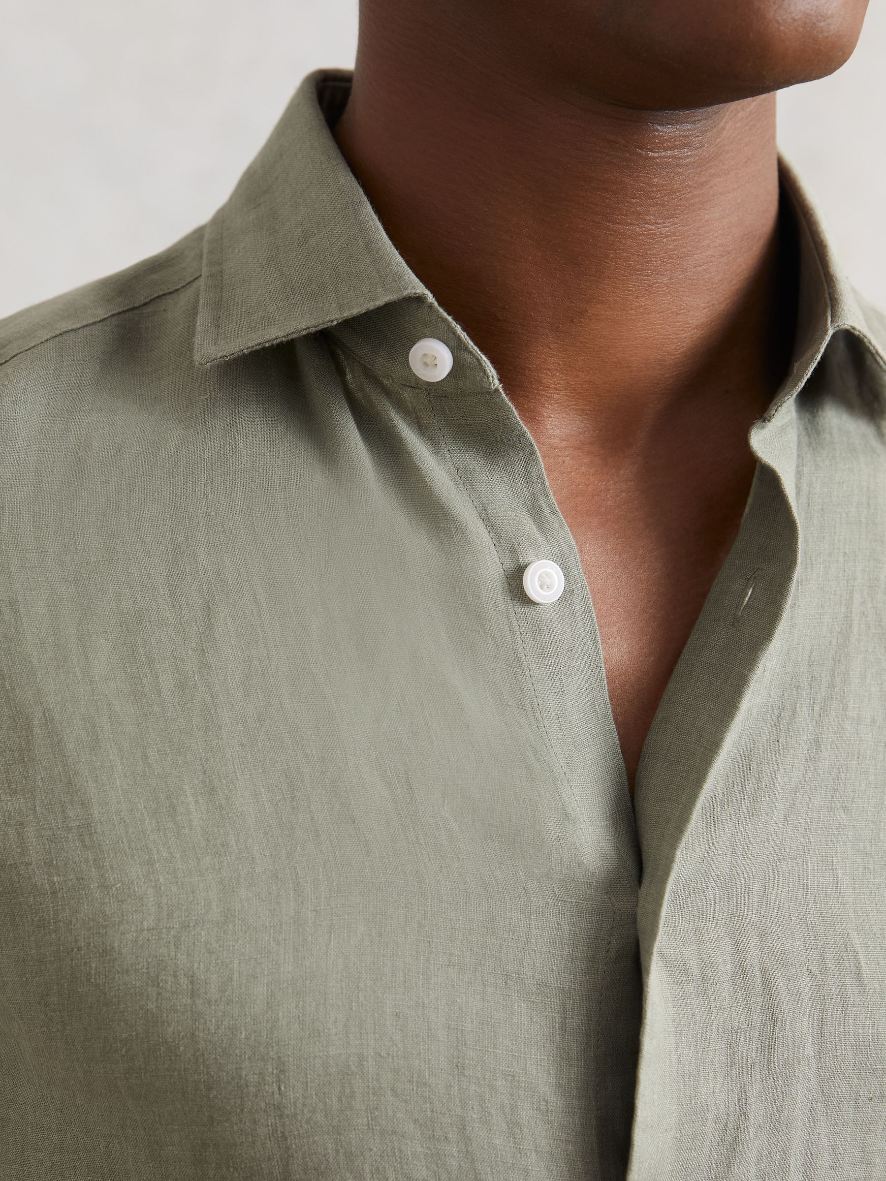 Slim Fit Linen Button-Through Shirt in Thyme Green