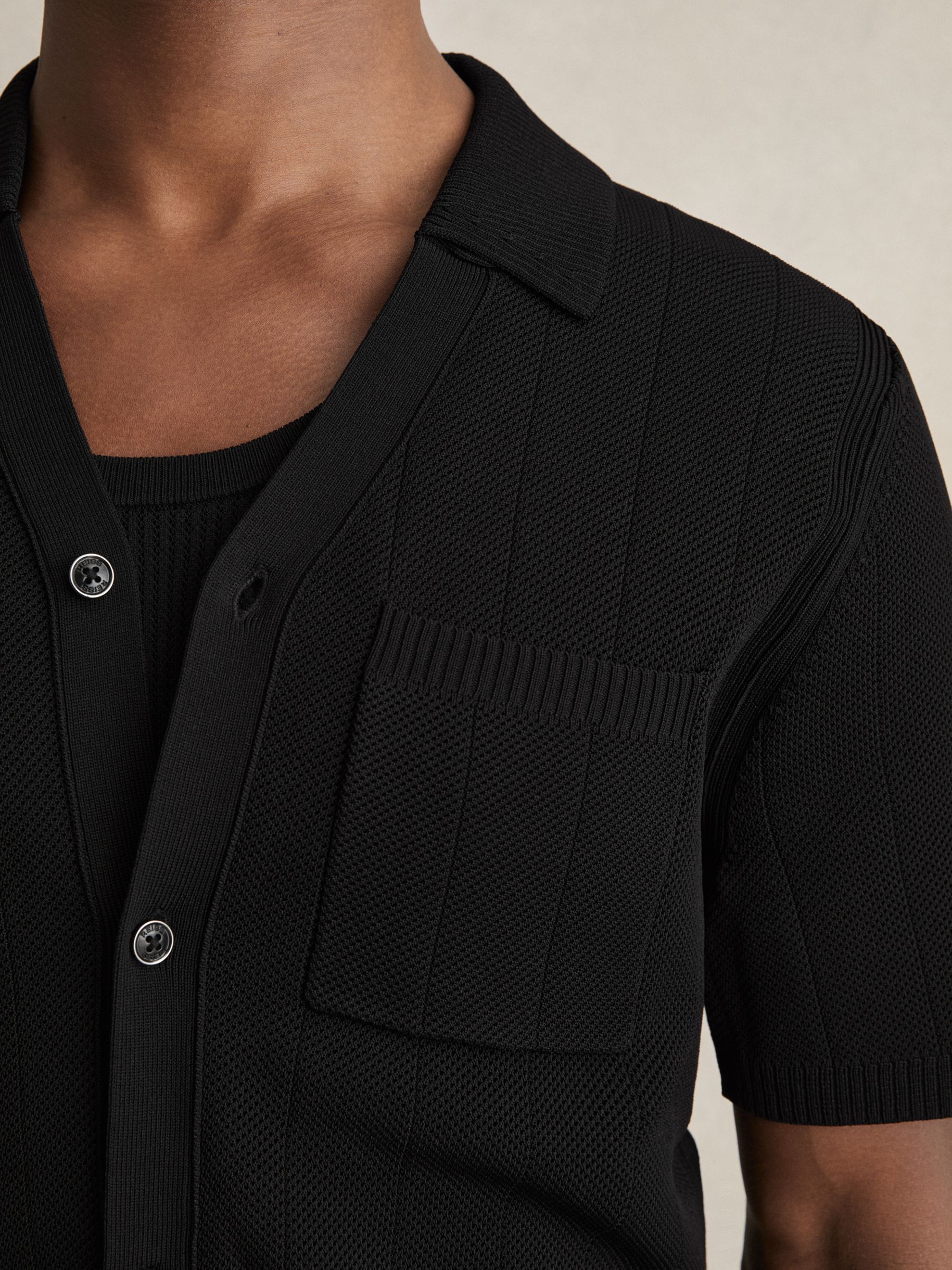 V-Neck Collar Textured-Knit Shirt in Black