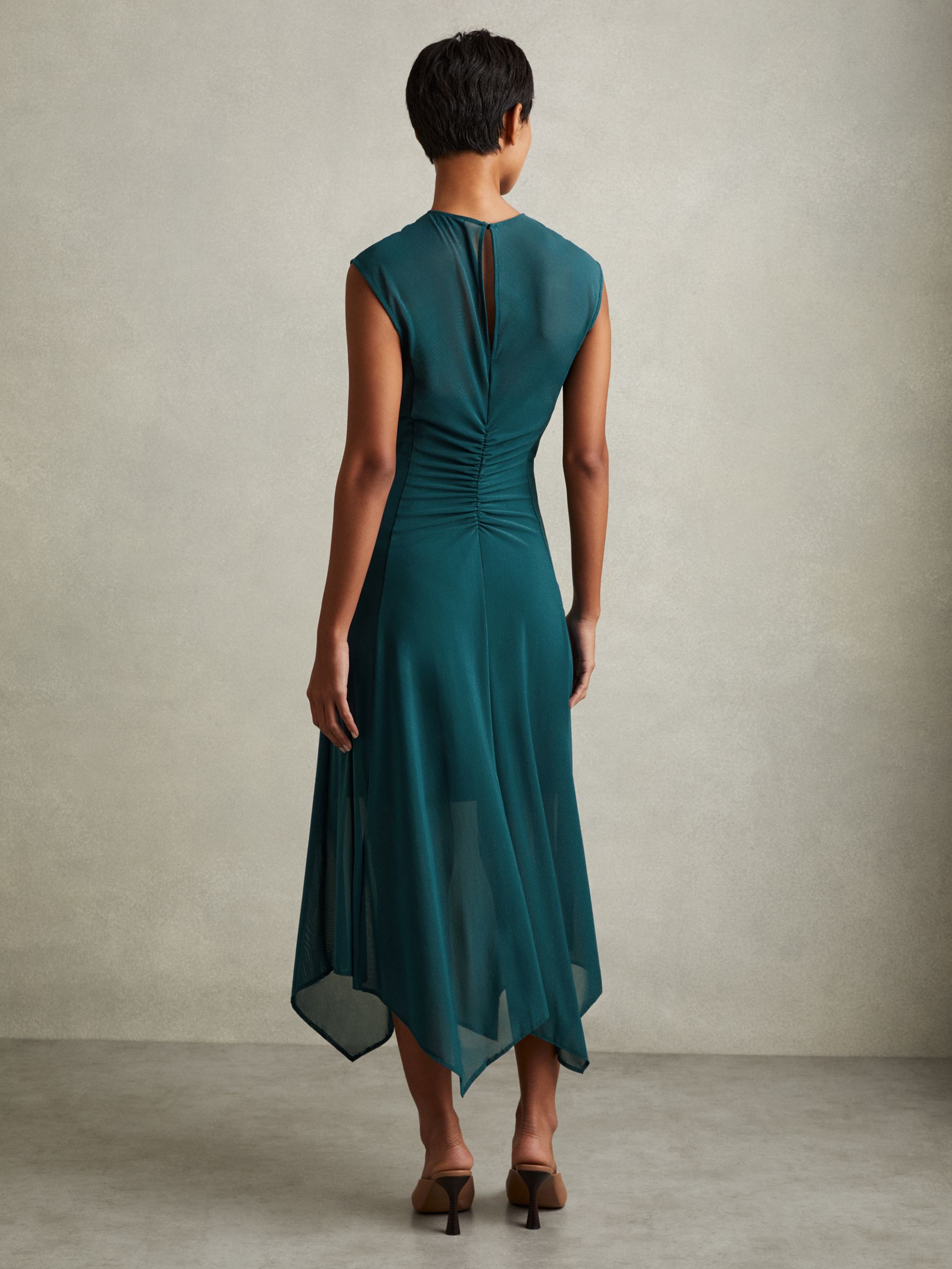 Mesh Ruched Midi Dress in Teal