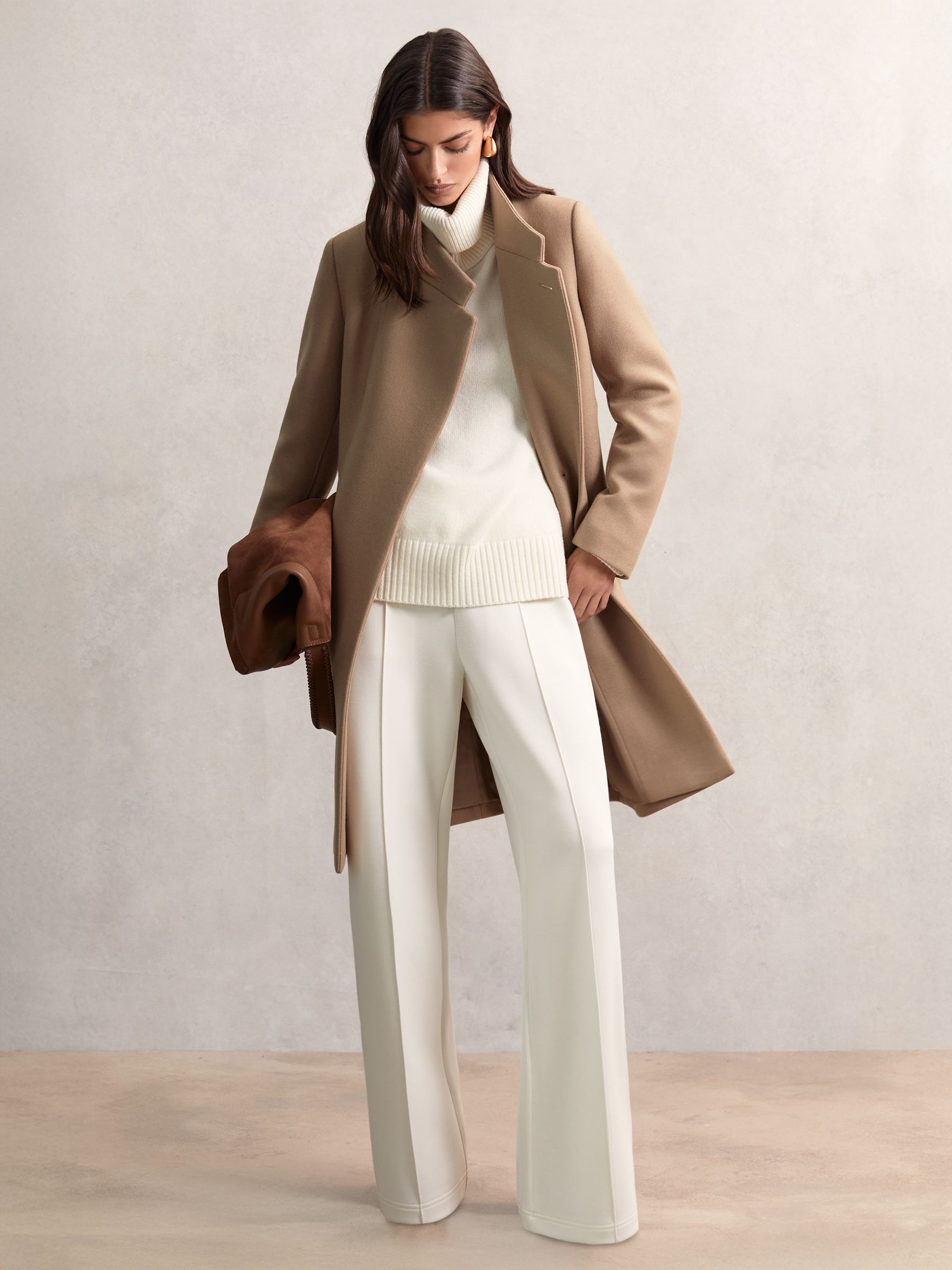Petite Wool-Blend Wrapover Mid-Length Coat in Camel