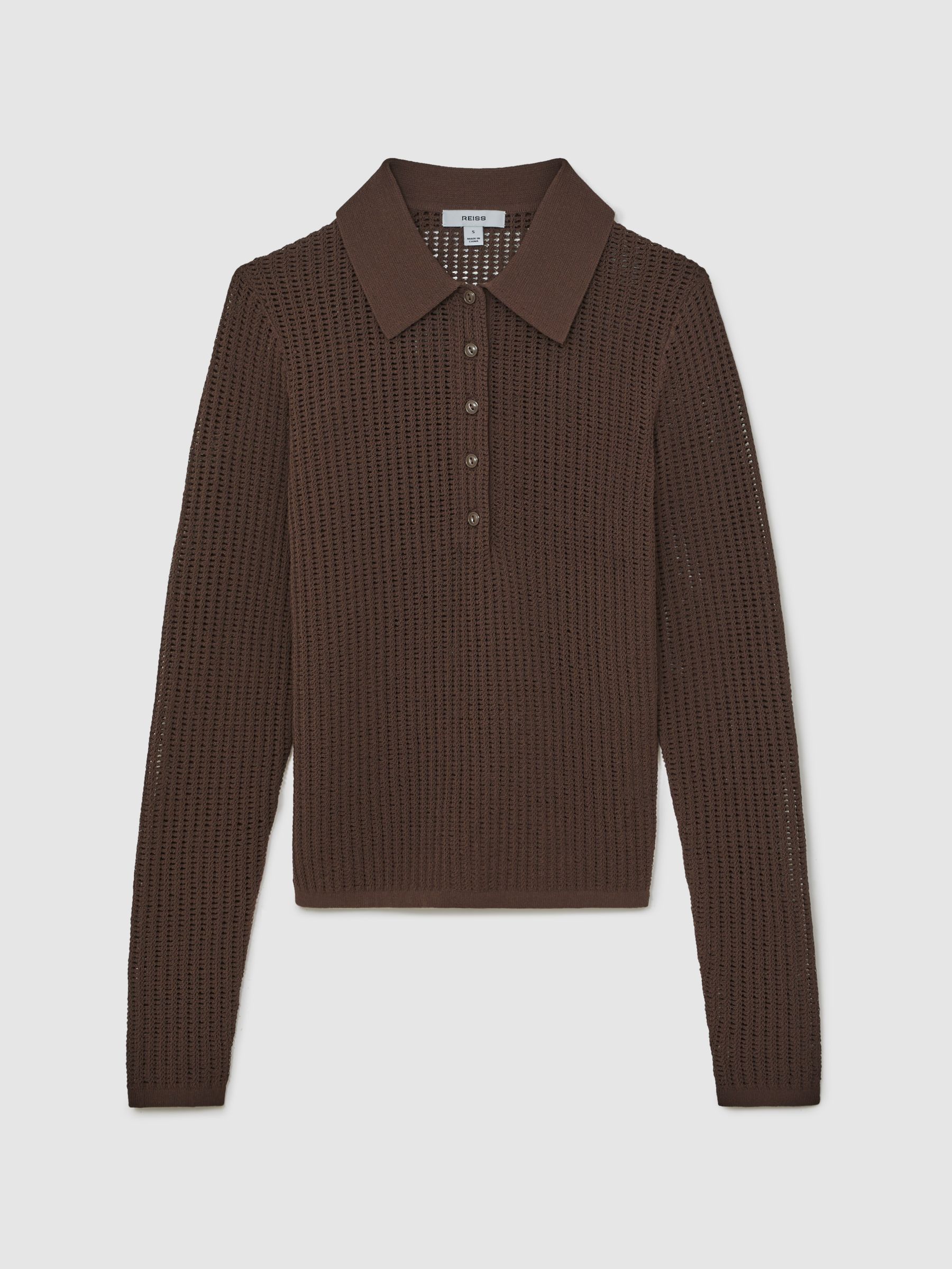 Open-Knit Long-Sleeve Polo Top in Chocolate Brown