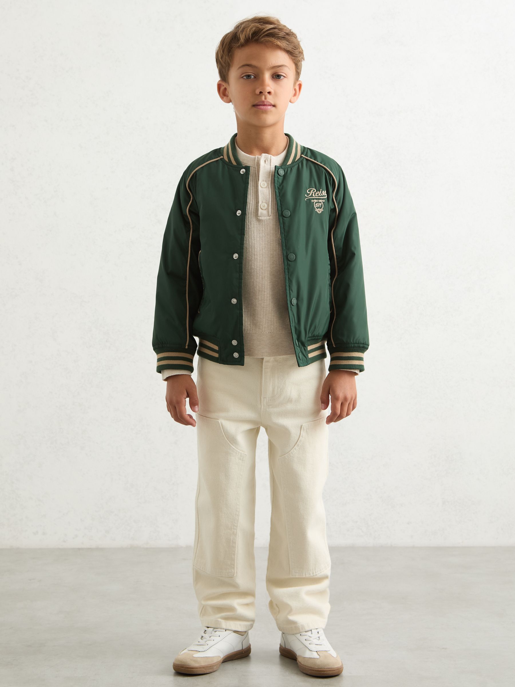9-13 yrs Motor Cars Embroidered Bomber Jacket in Forest Green/Off White