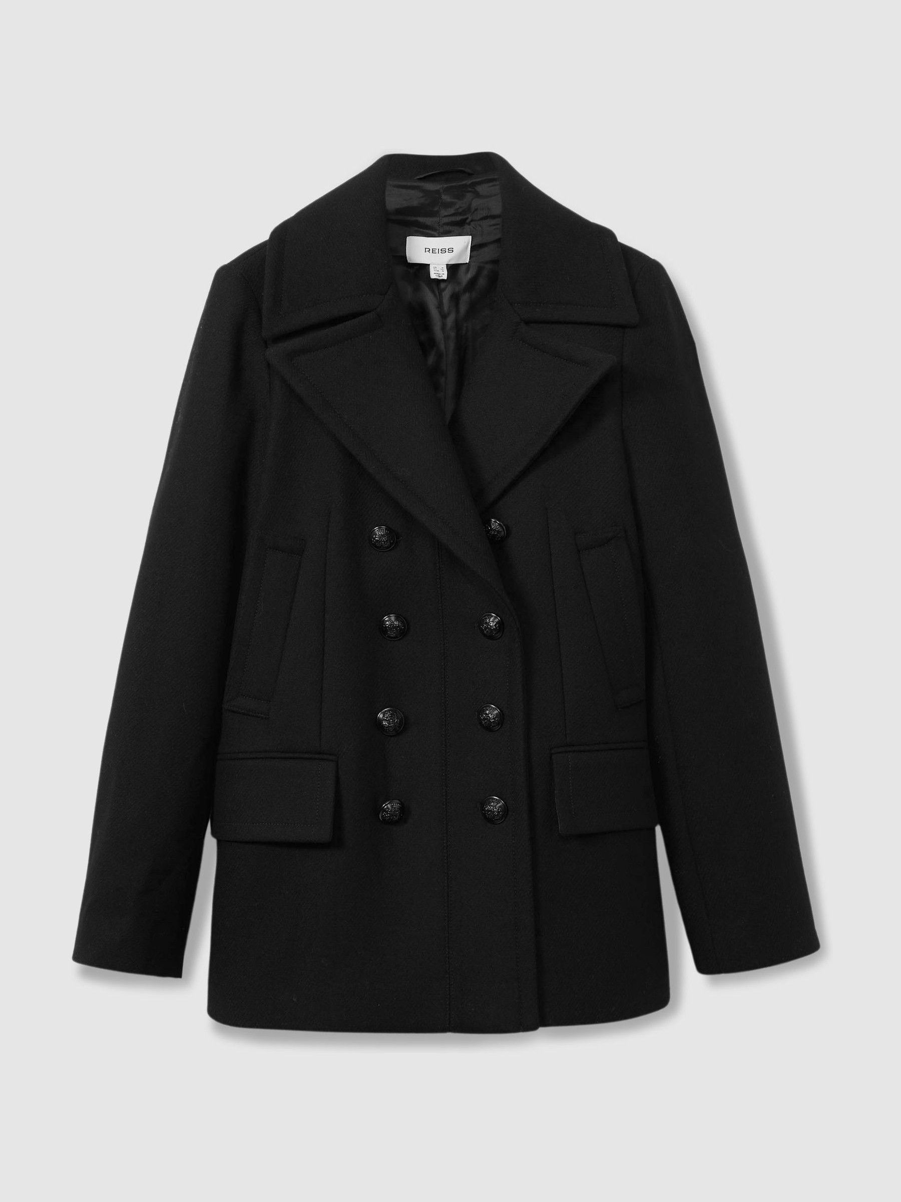 Wool Blend Double Breasted Pea Coat in Black