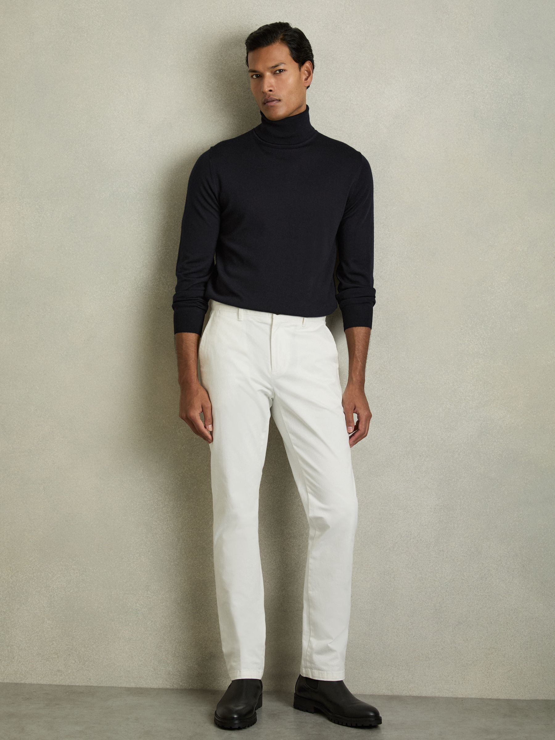 Slim Fit Merino Wool Roll Neck Jumper in Navy