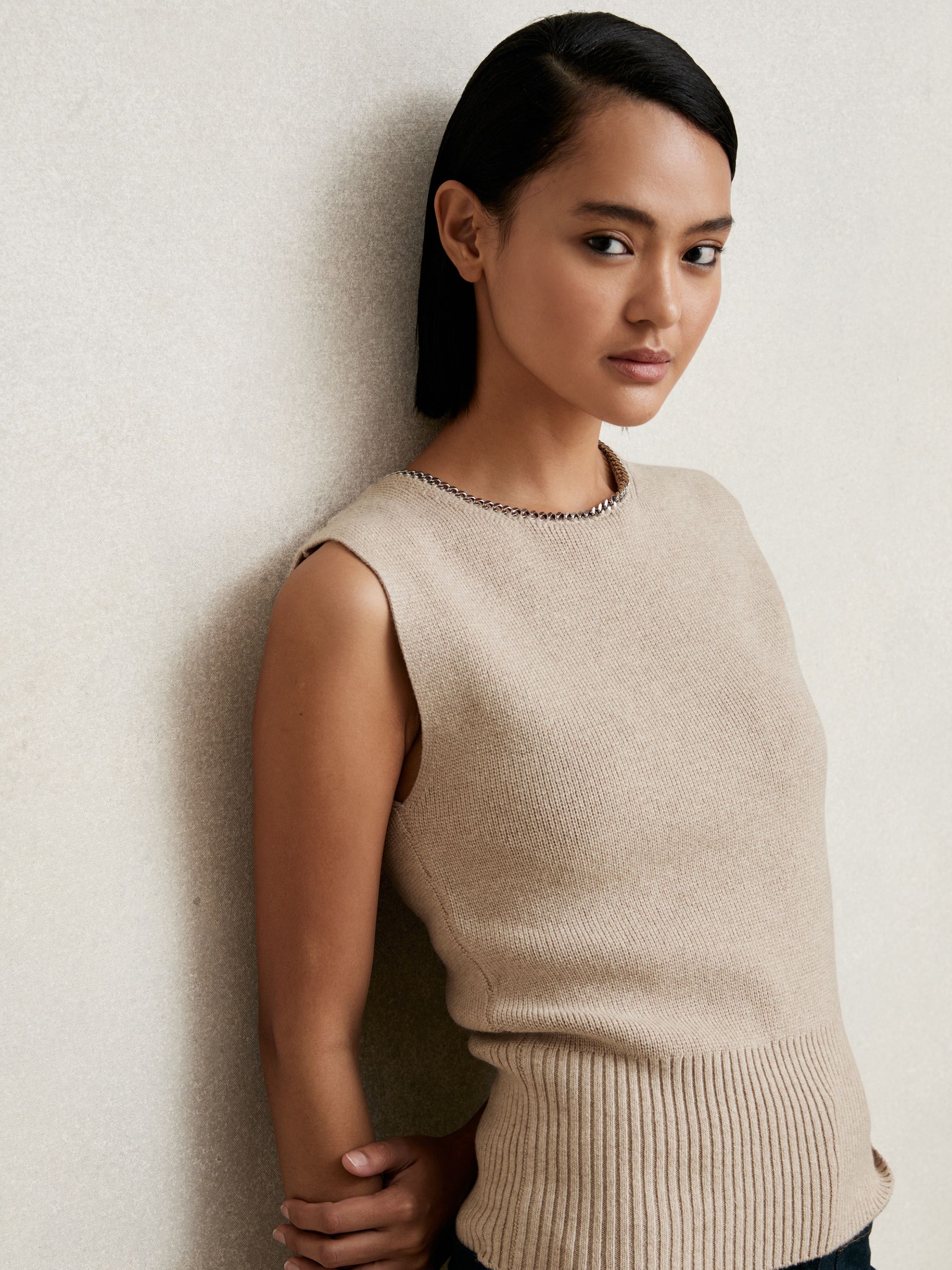 Wool-Blend Necklace-Trim Knitted Vest in Neutral