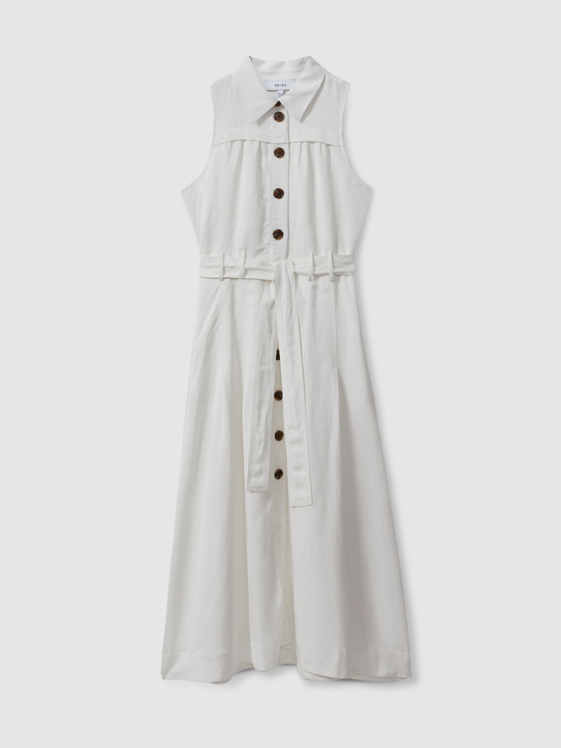 Viscose-Linen Belted Midi Dress in White