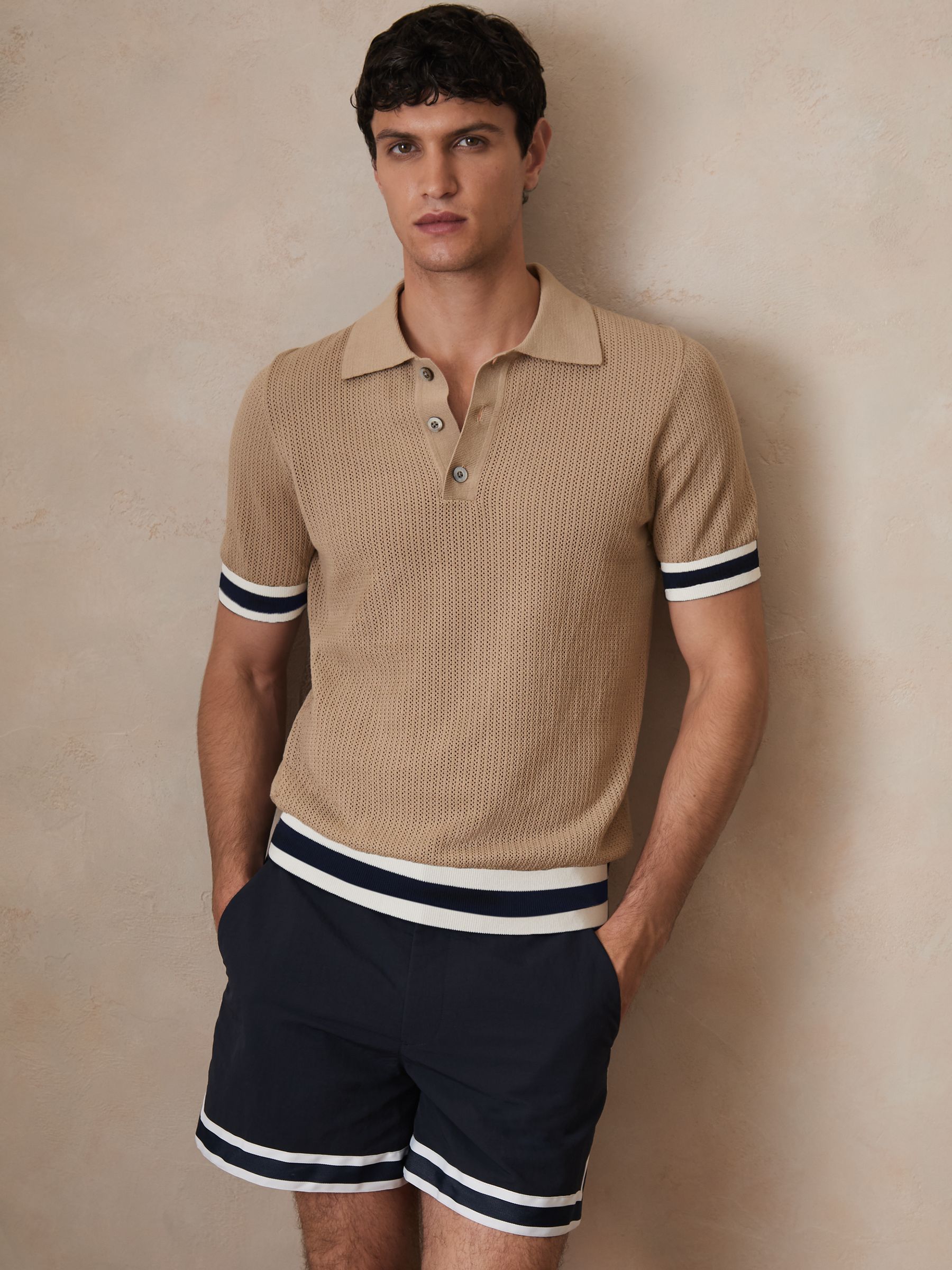 Reiss | Ché Cotton Knit Polo Shirt in Camel Brown