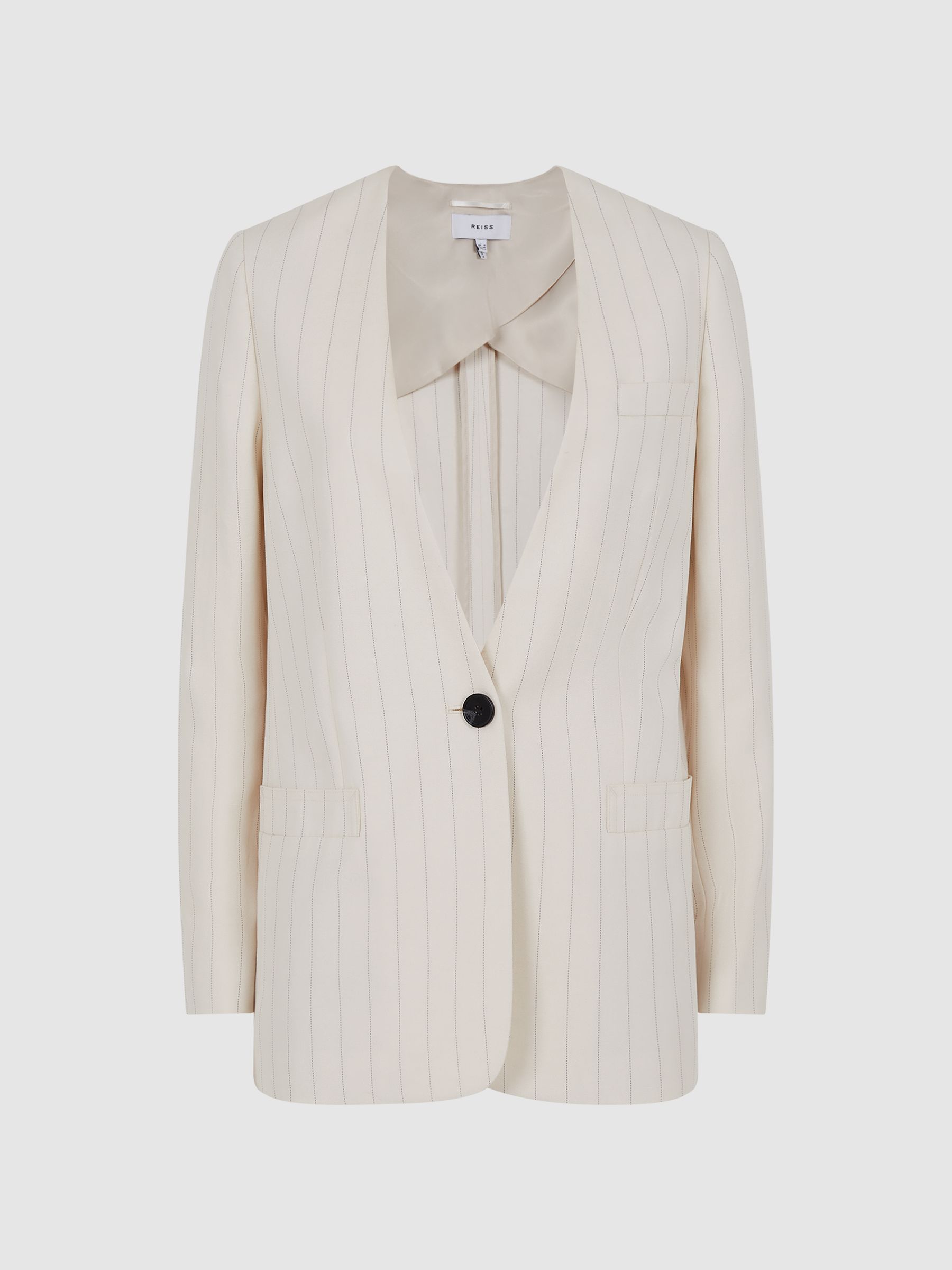 Collarless Pinstripe Blazer in White
