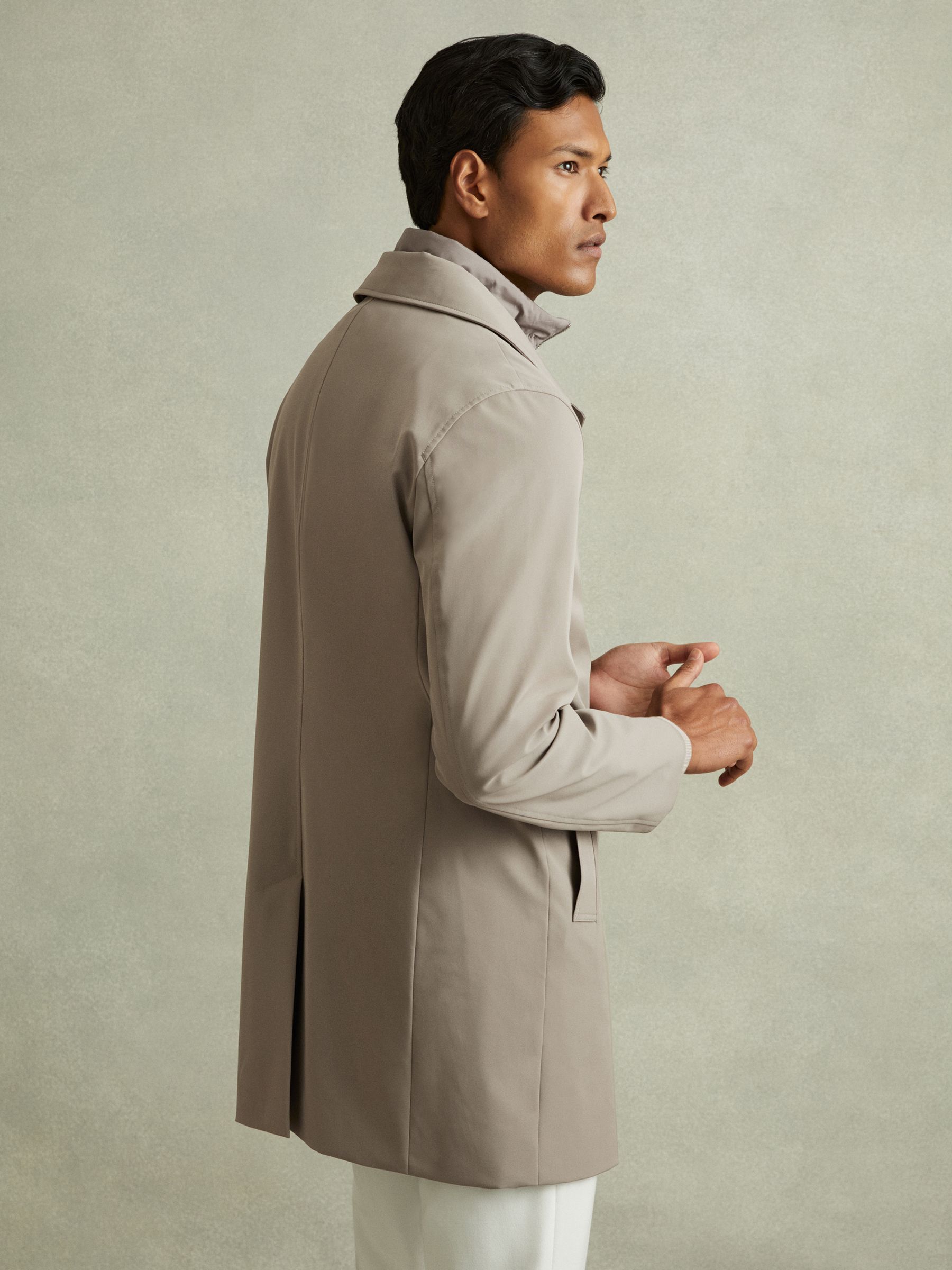Hybrid Removable Funnel Neck Overcoat in Taupe