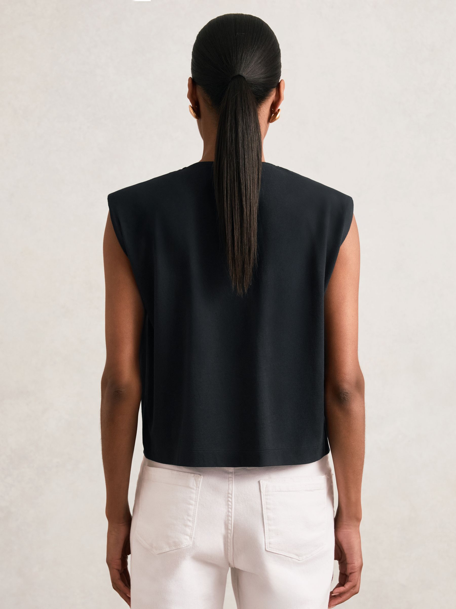 Cotton Shoulder-Pad V-Neck Top in Navy