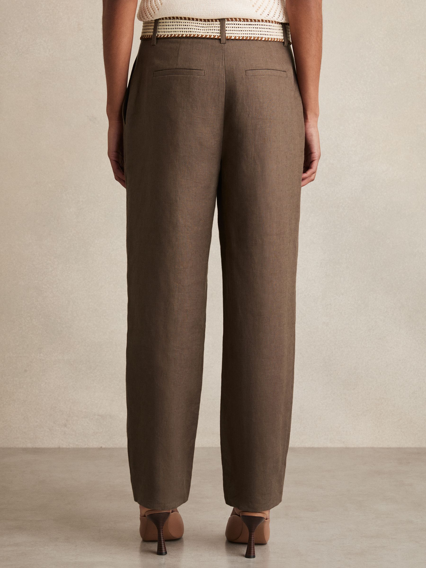 Petite Linen Belted Tapered Trousers in Mink Neutral