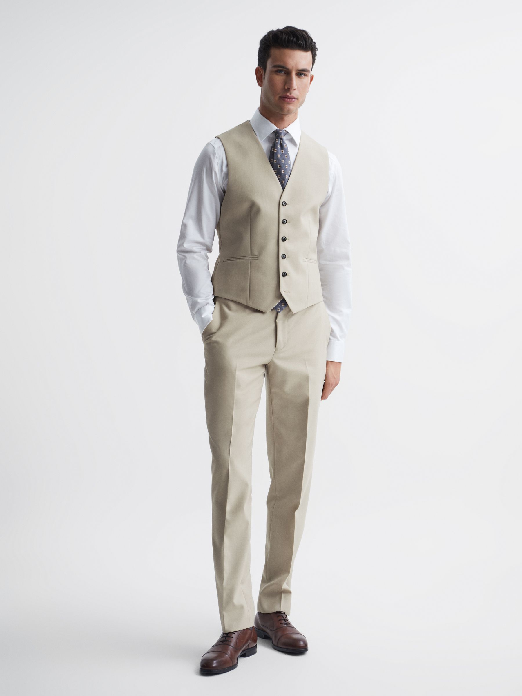 Classic Slim Fit Six Button Wool Waistcoat in Stone