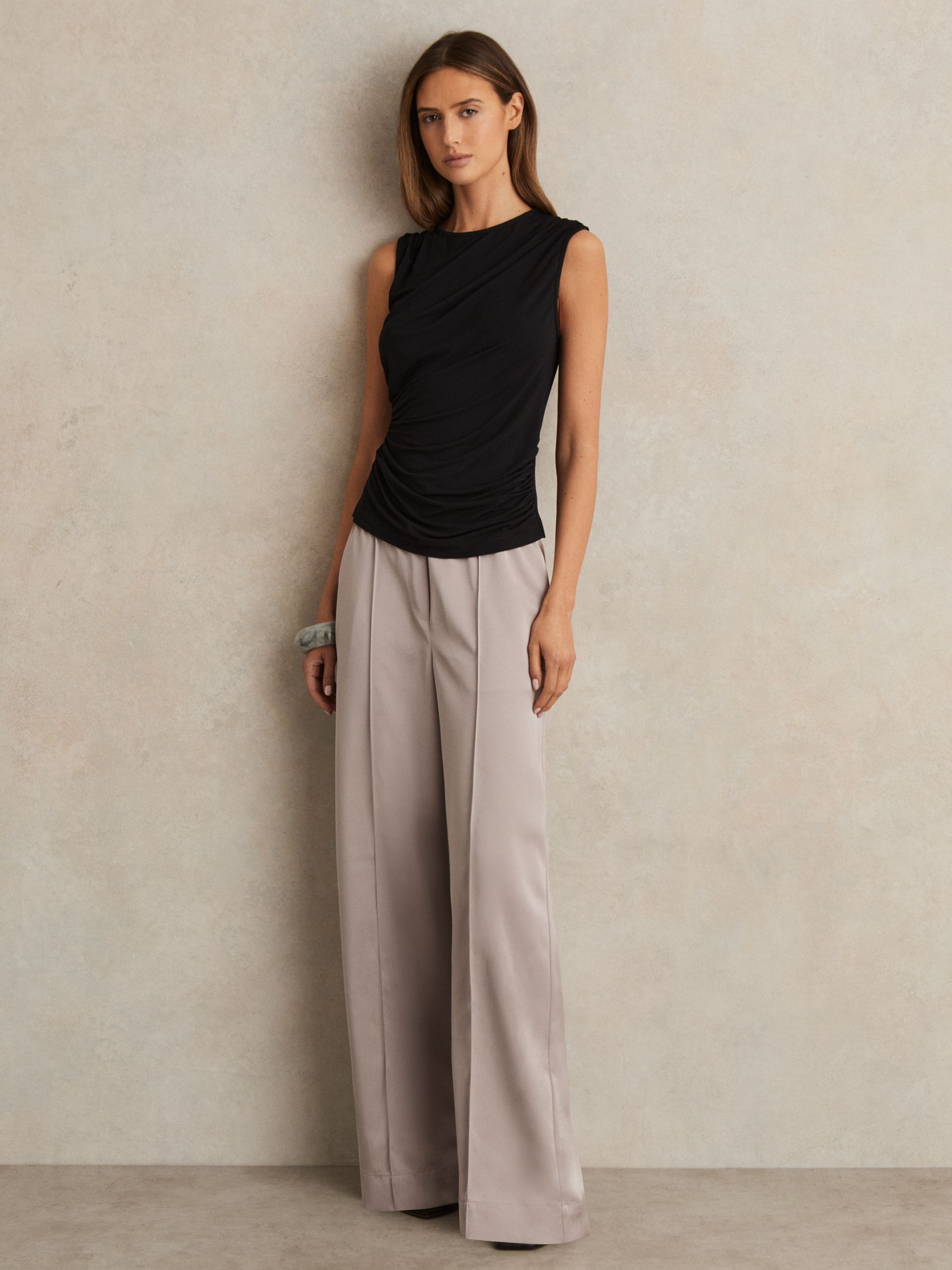 Satin Wide Leg Elastic Waist Trousers in Grey