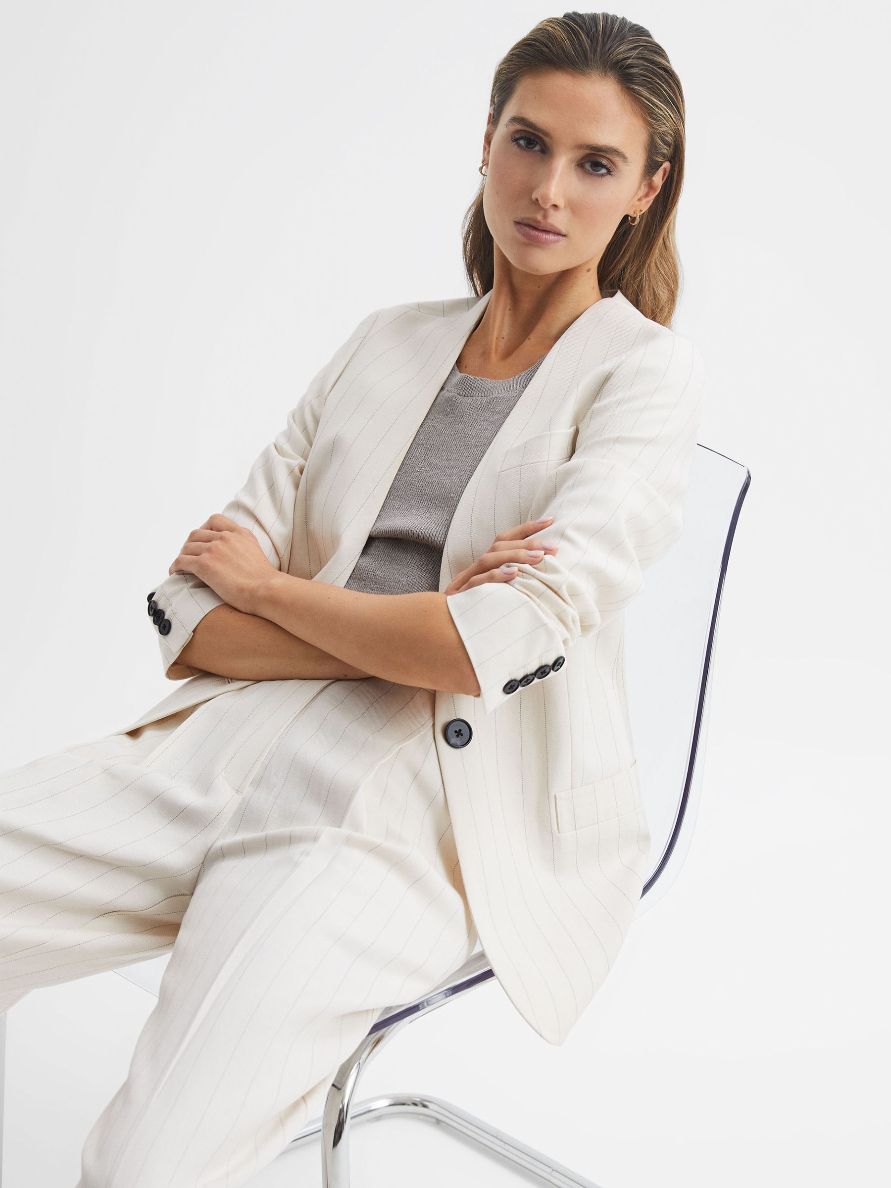 Collarless Pinstripe Blazer in White