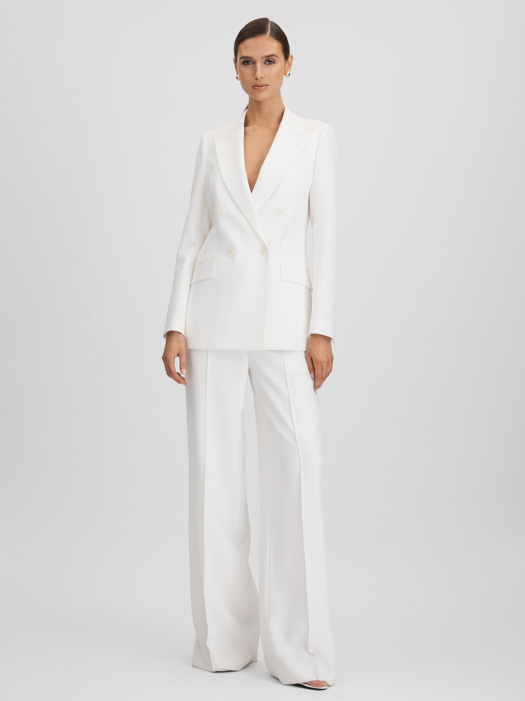 Petite Double Breasted Crepe Suit Blazer in White