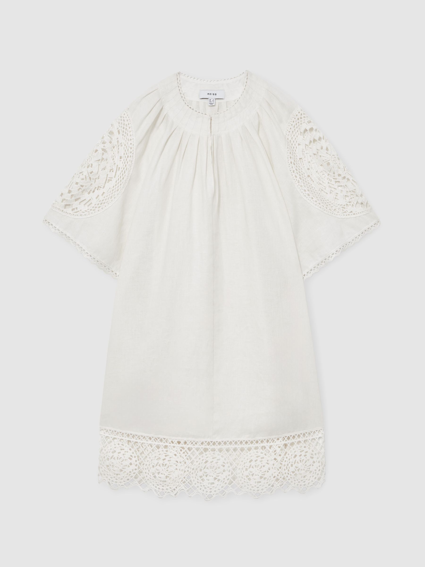 Linen Embroidered Shift Dress in Ivory
