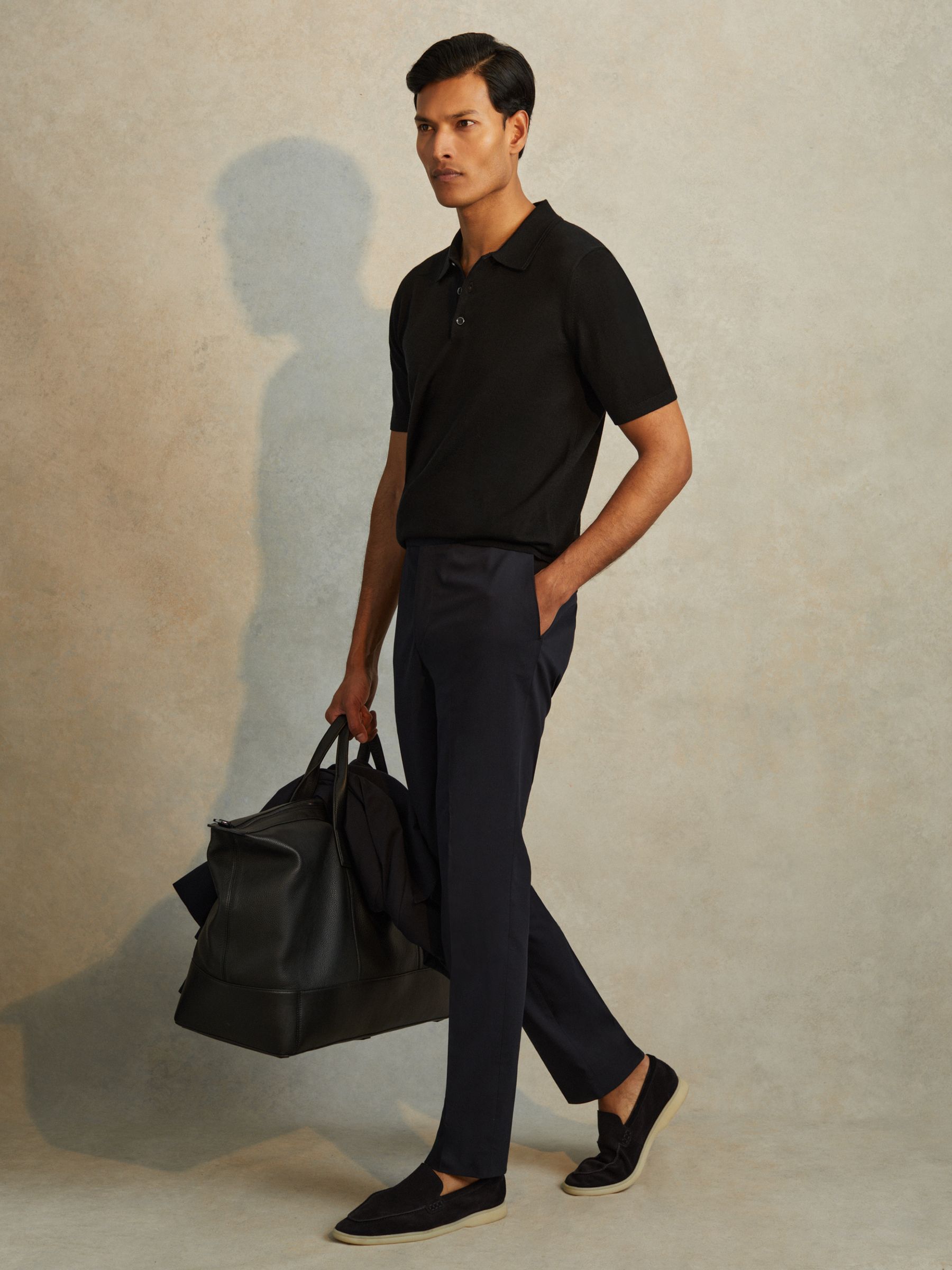 Merino Wool Short-Sleeve Polo Shirt in Black