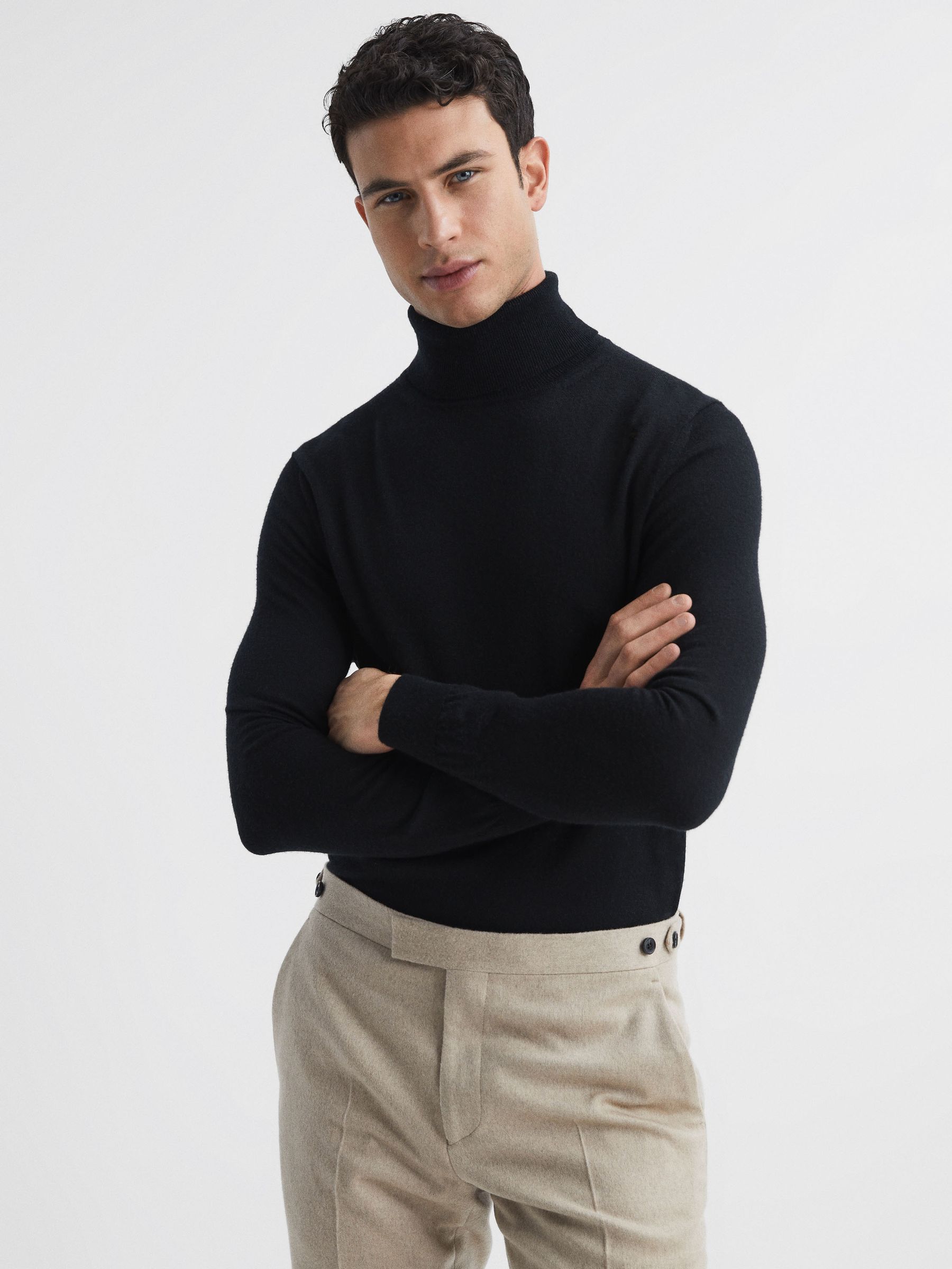 Slim Fit Merino Wool Roll Neck Jumper in Black