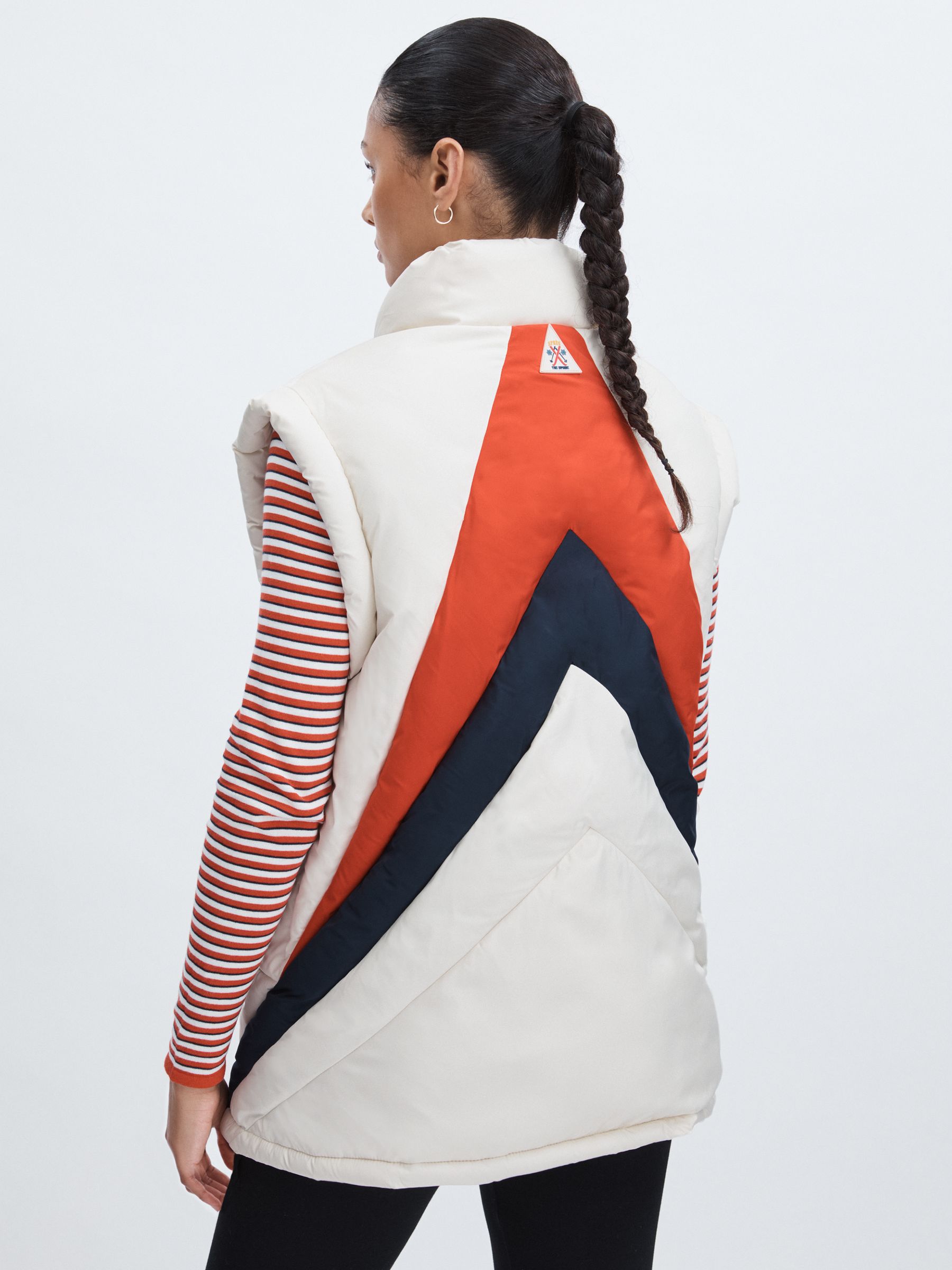 The Upside Contrast-Panel Puffer Gilet in Off White/Multi