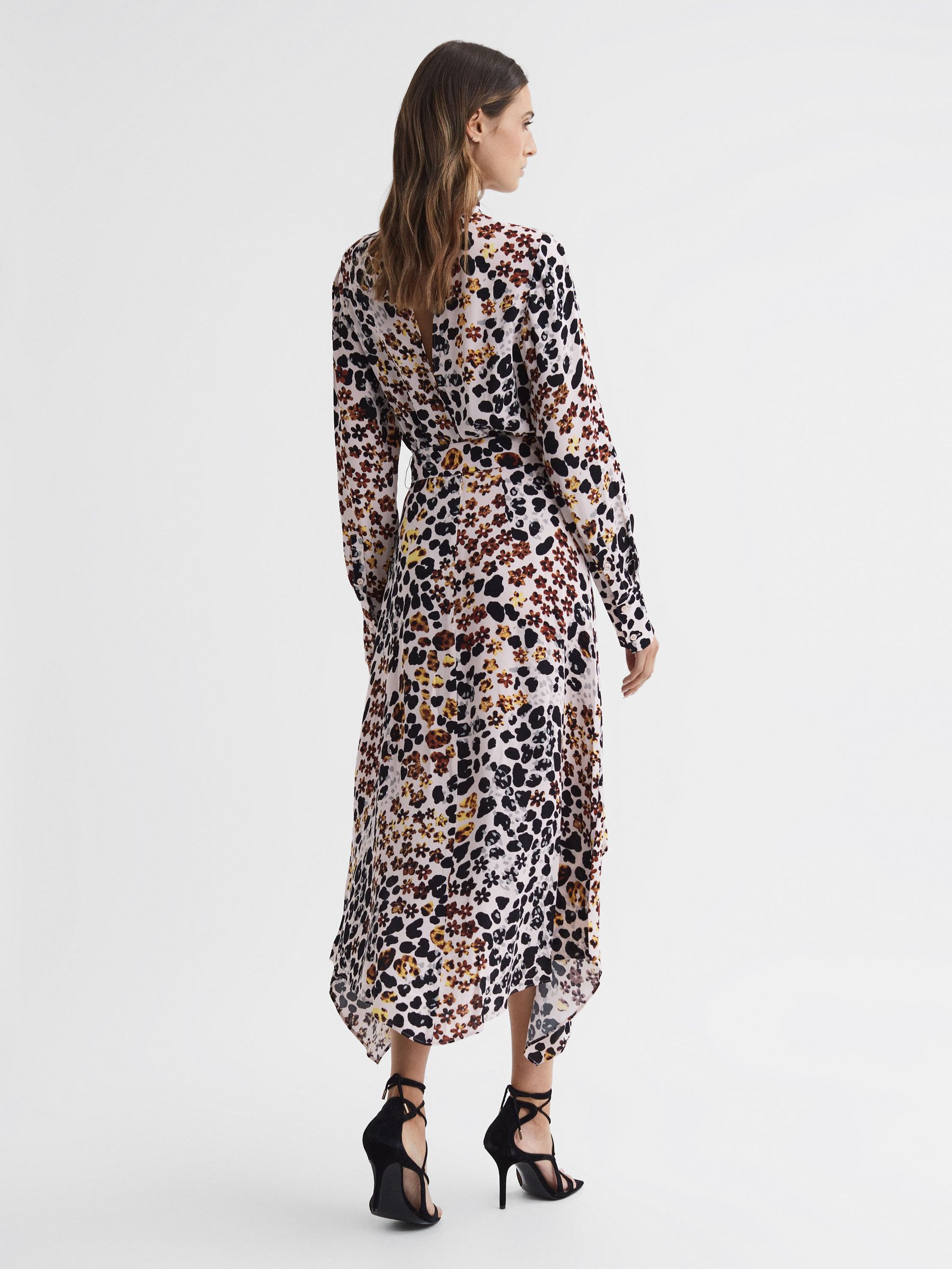 Animal Print Belted Midi Dress in Nude/Black