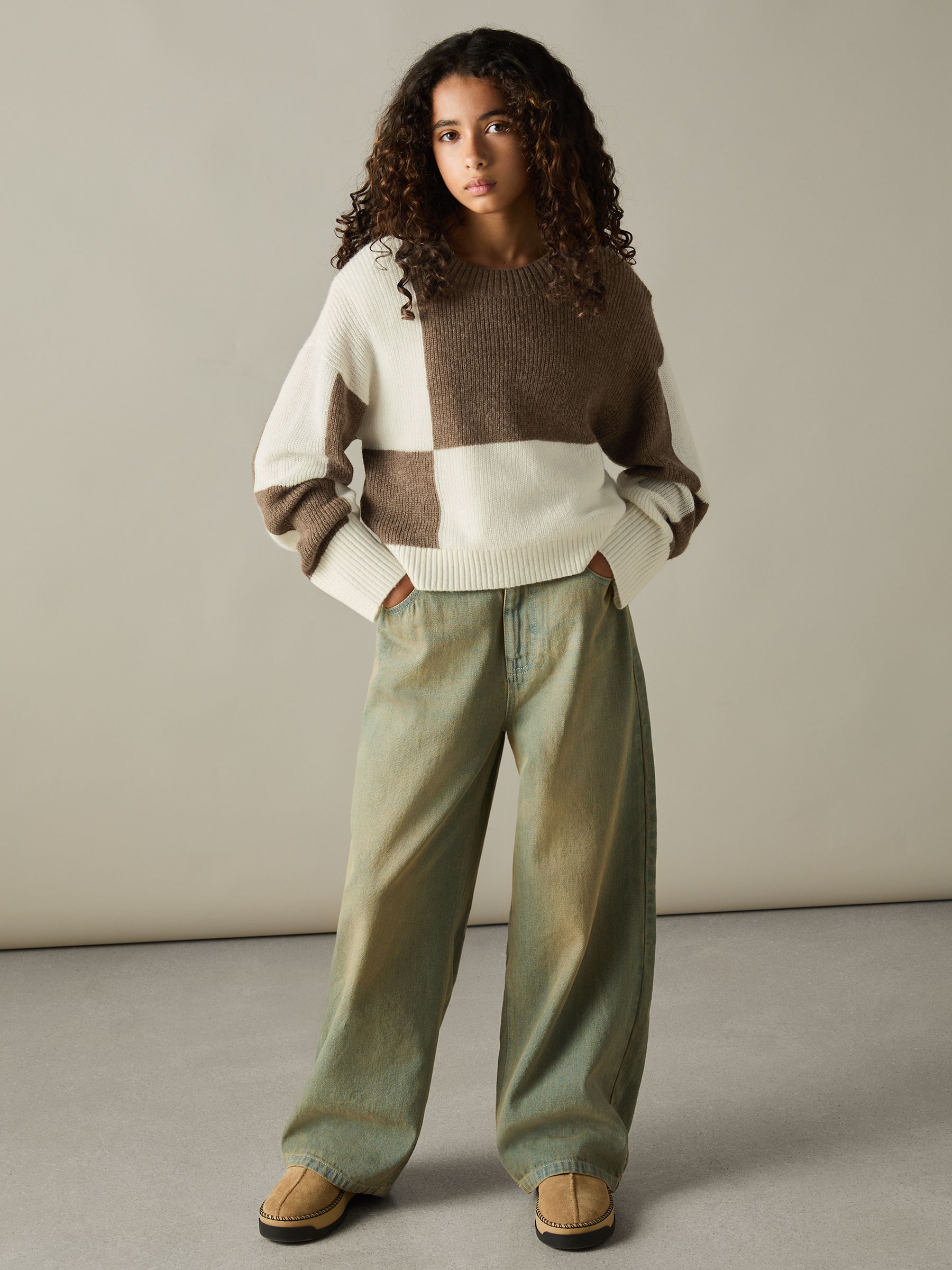 9-13 yrs Colourblock-Intarsia Jumper with Wool and Alpaca in Brown