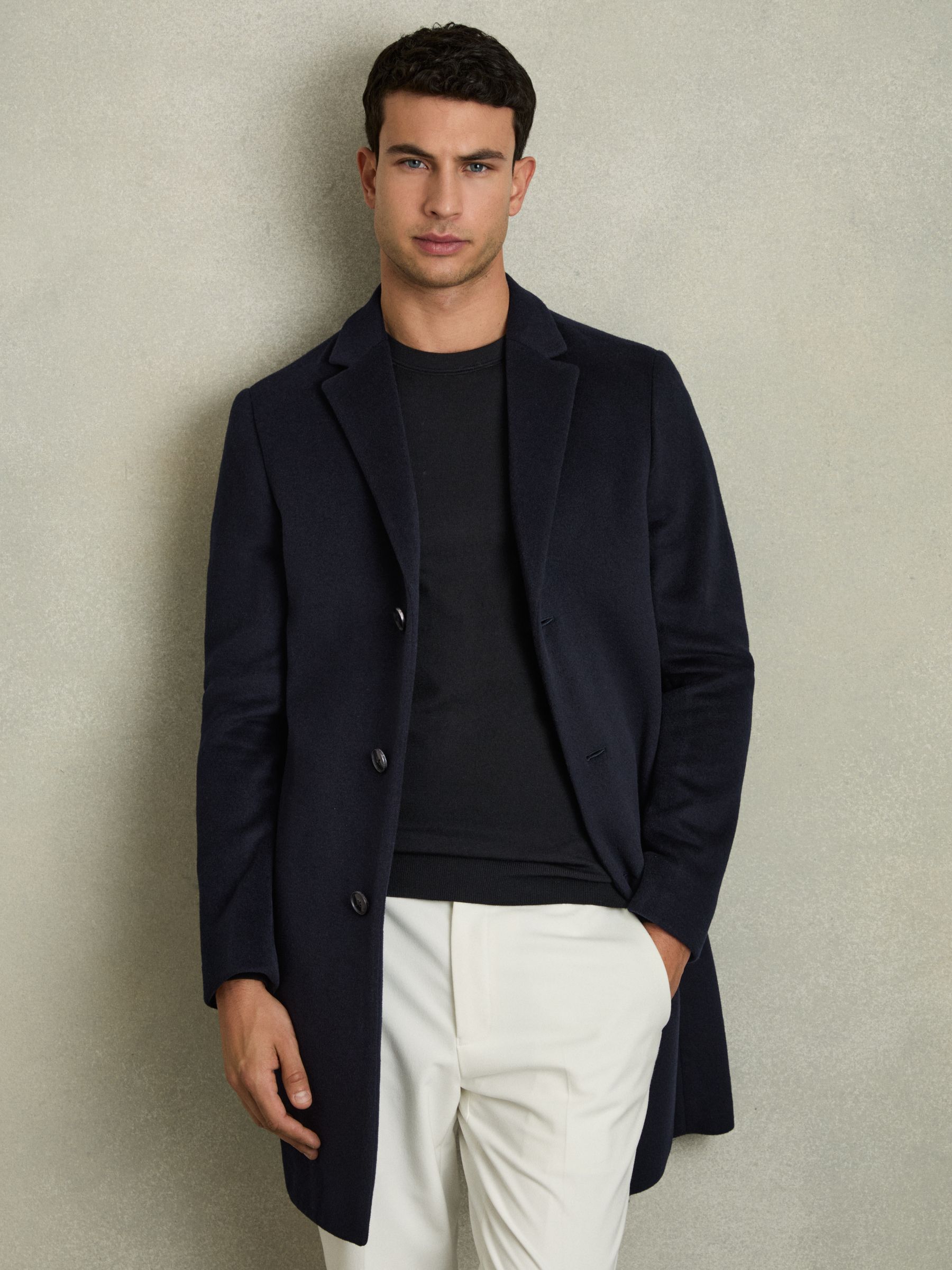 Wool Blend Single Breasted Epsom Overcoat in Navy