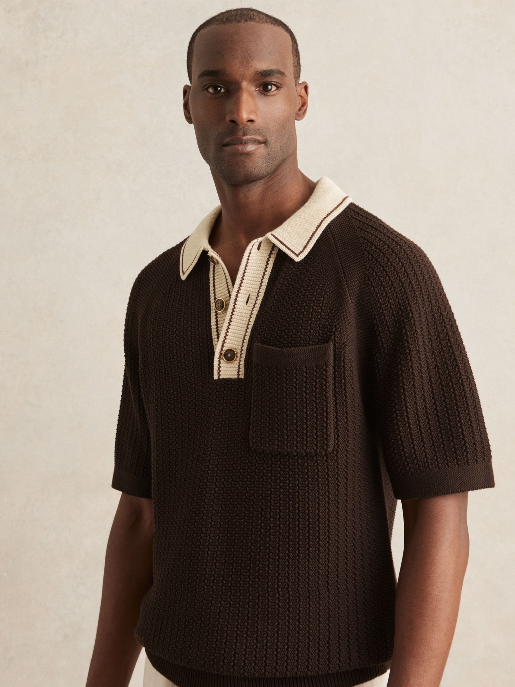 Cotton Textured Knit Contrast Polo Shirt in Dark Brown/Stone