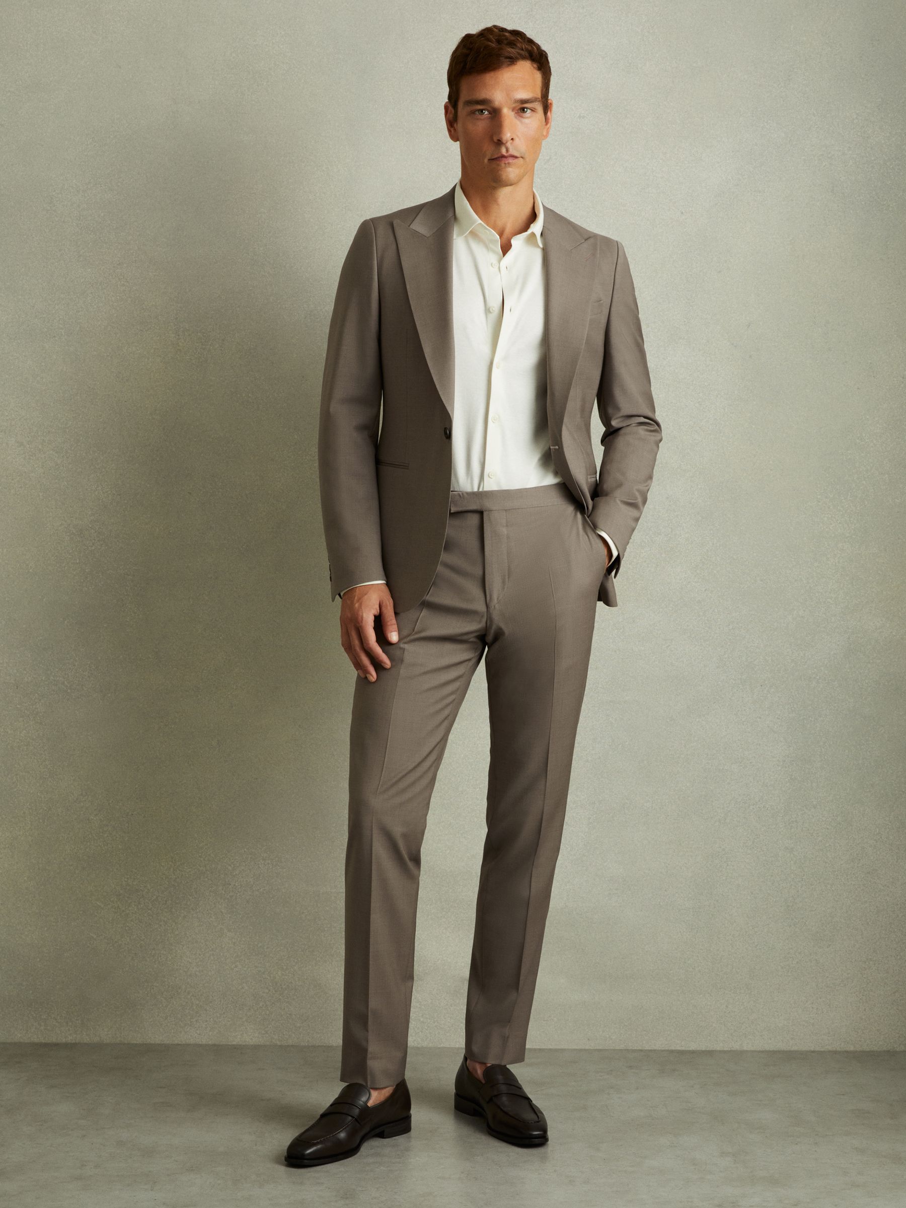 Harley Mushroom Brown Textured Wool Blend Side Adjuster Tapered Fit Trousers