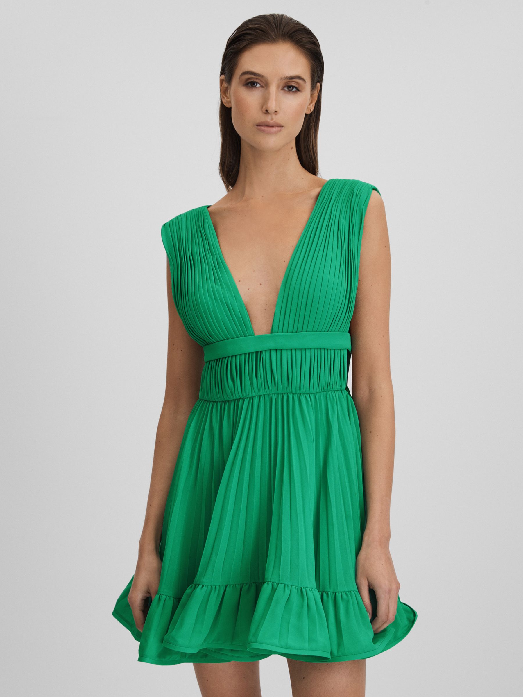 Amur Pleated Plunge Neck Mini Dress in Snow Pea