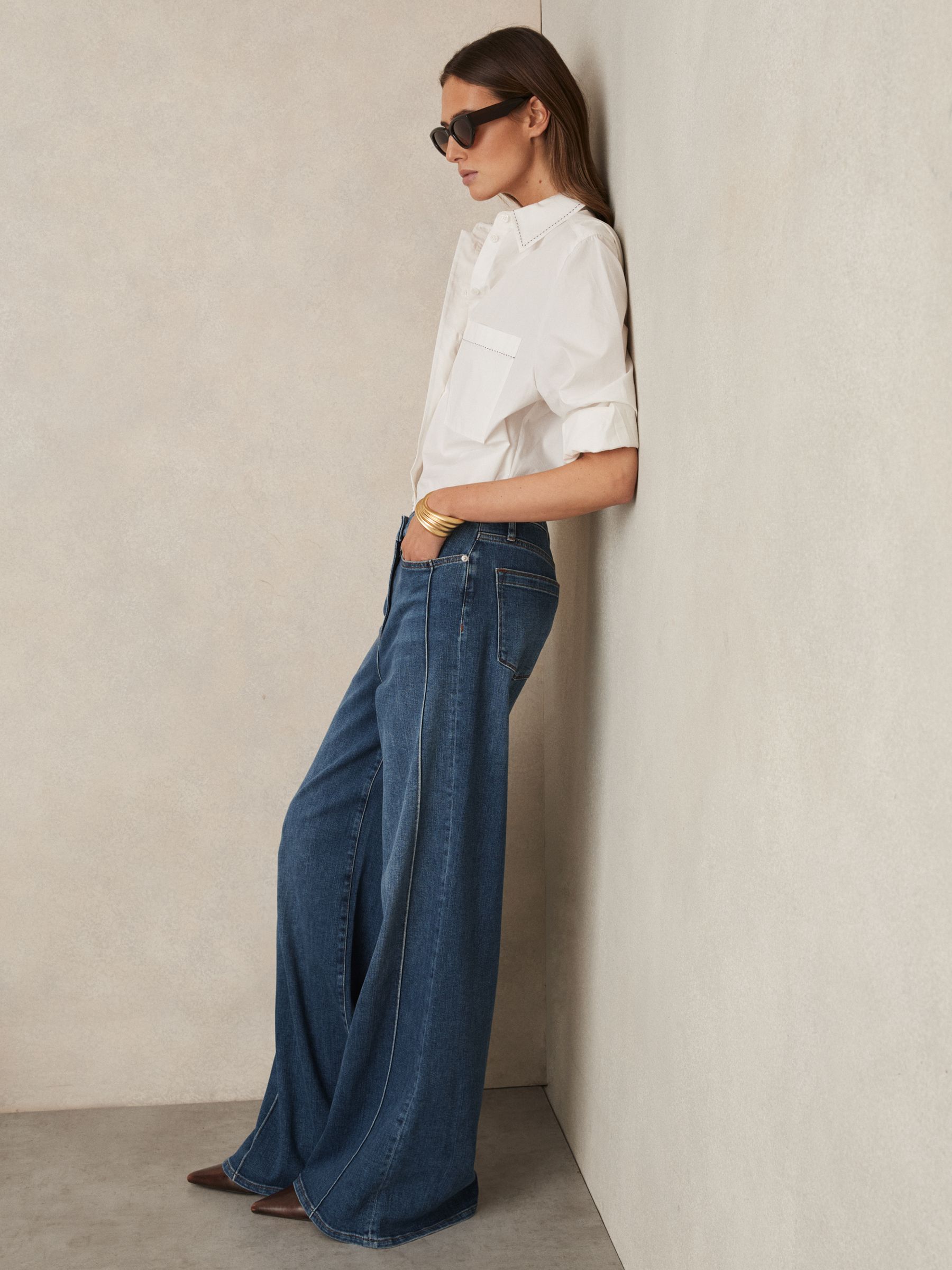 Cotton Topstitched Button-Through Shirt in White