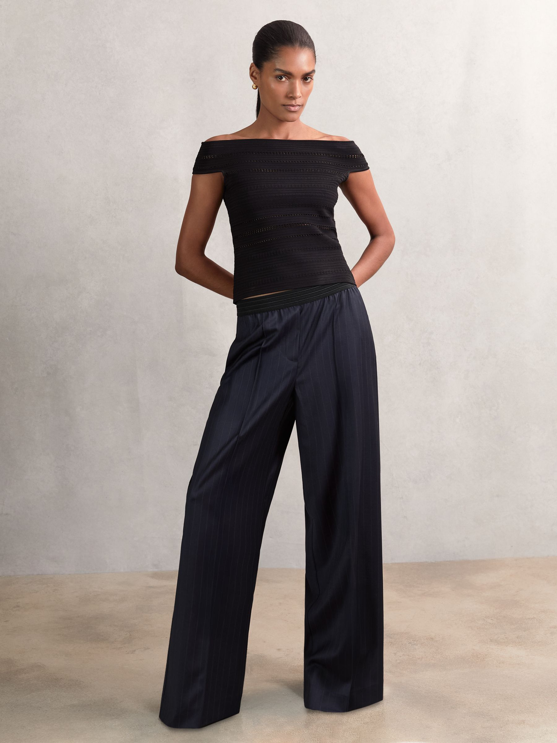 Wool-Blend Pinstripe Wide-Leg Trousers in Navy