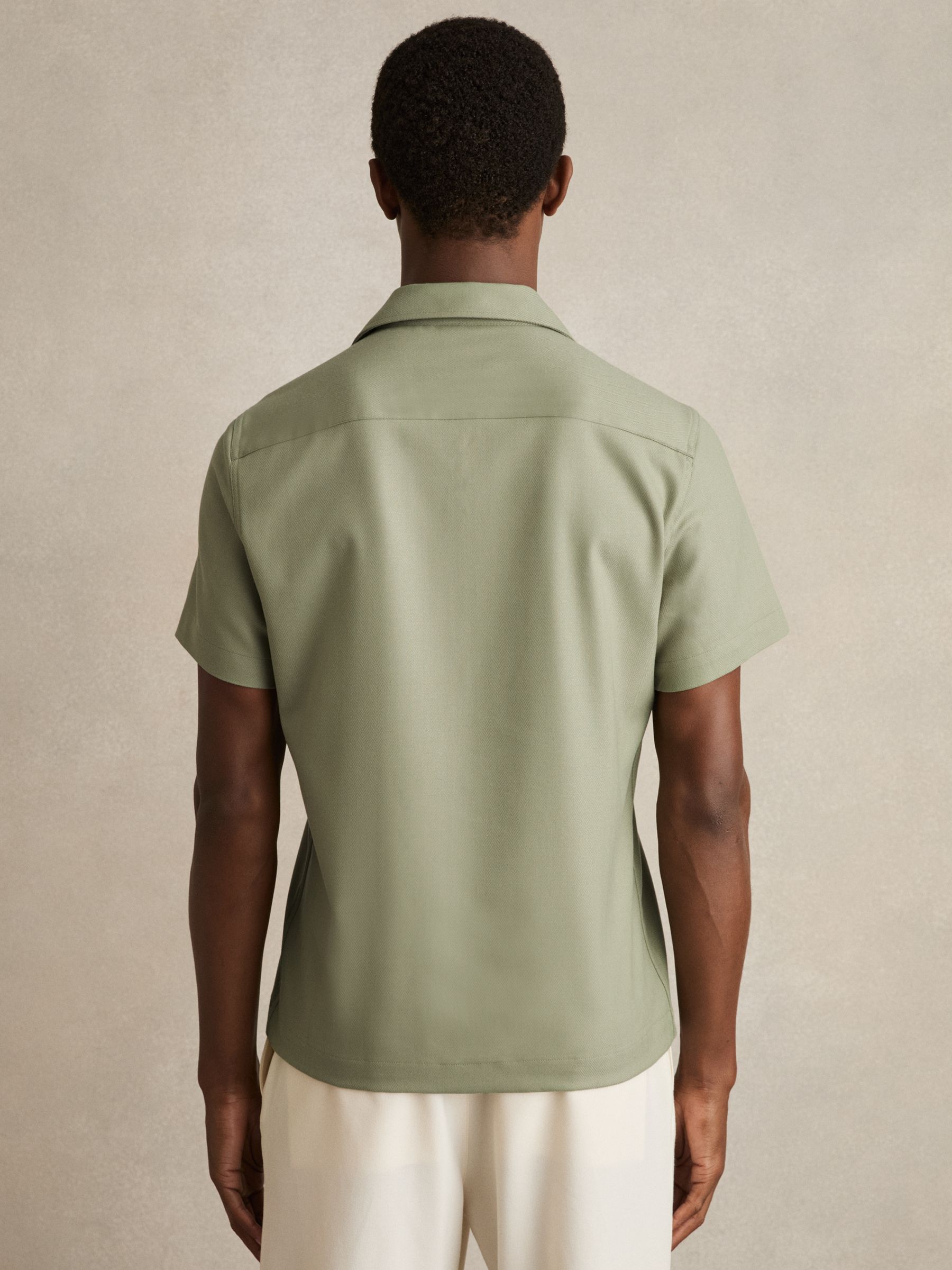 Herringbone Twill Cuban Collar Short Sleeve Shirt in Sage Green
