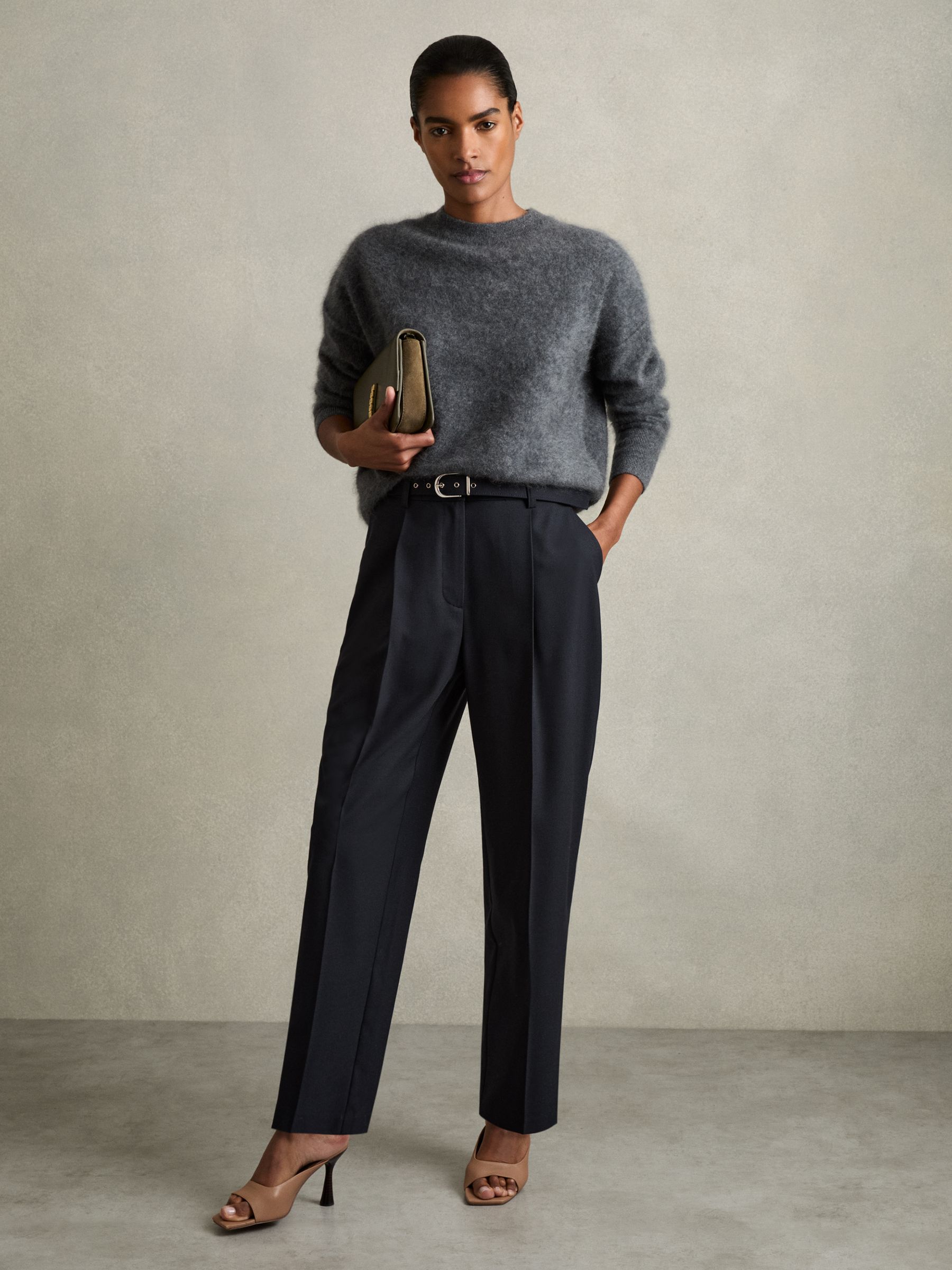 Tapered Belted Trousers in Navy