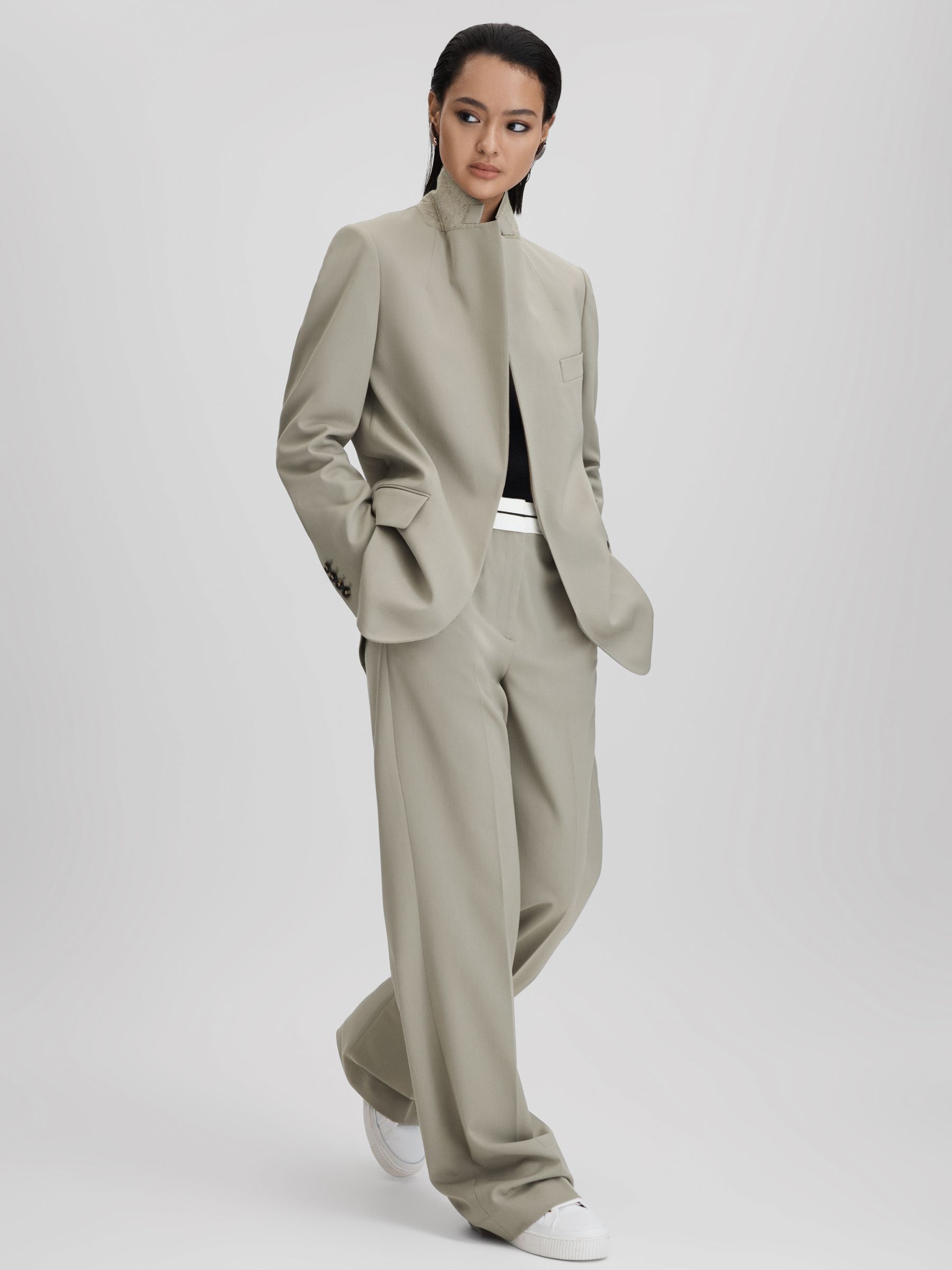 Contrast Waistband Wide Leg Suit Trousers in Green