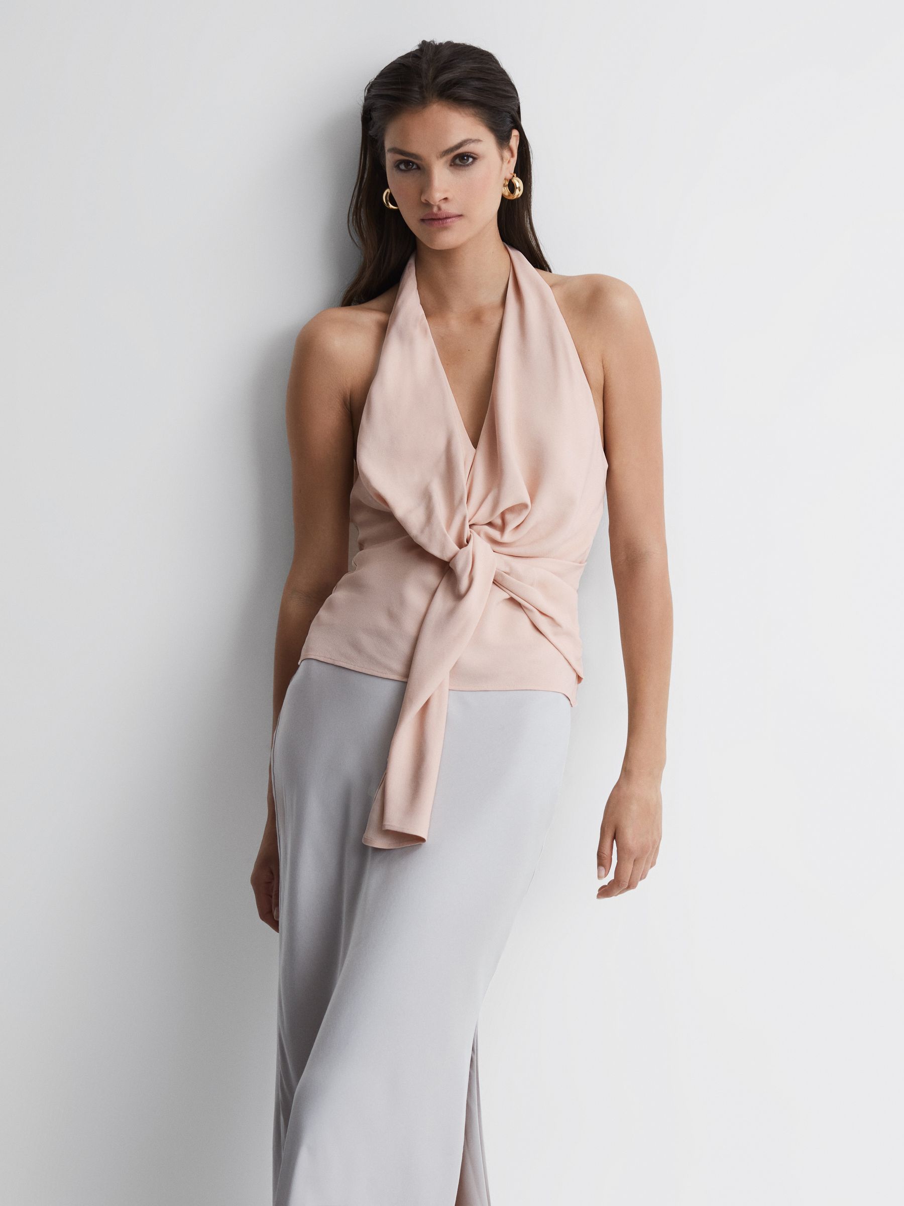 Tie Halter Neck Blouse in Nude