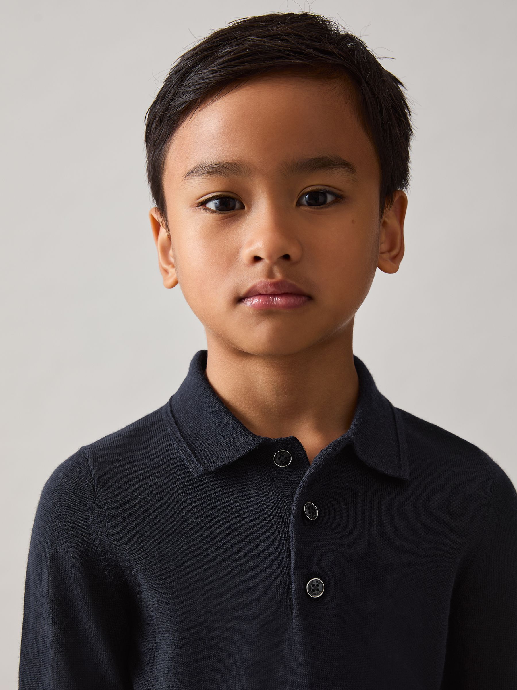 9-13 yrs Merino Wool Long-Sleeve Polo Shirt in Navy