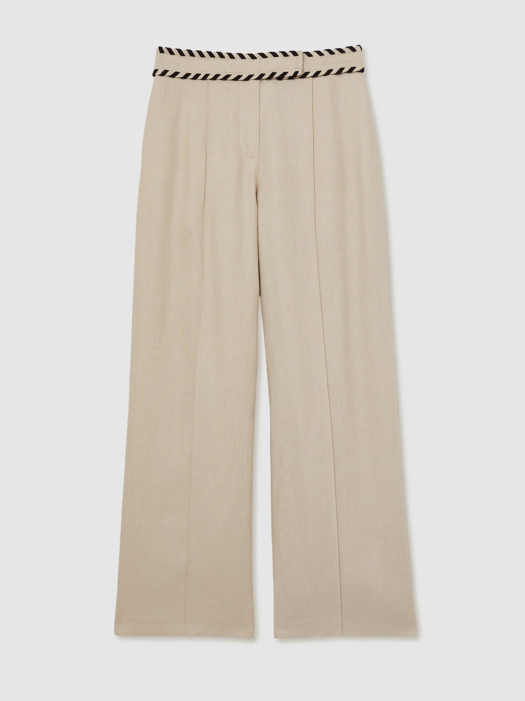 Linen Wide-Leg Whipstitch Trousers in Neutral