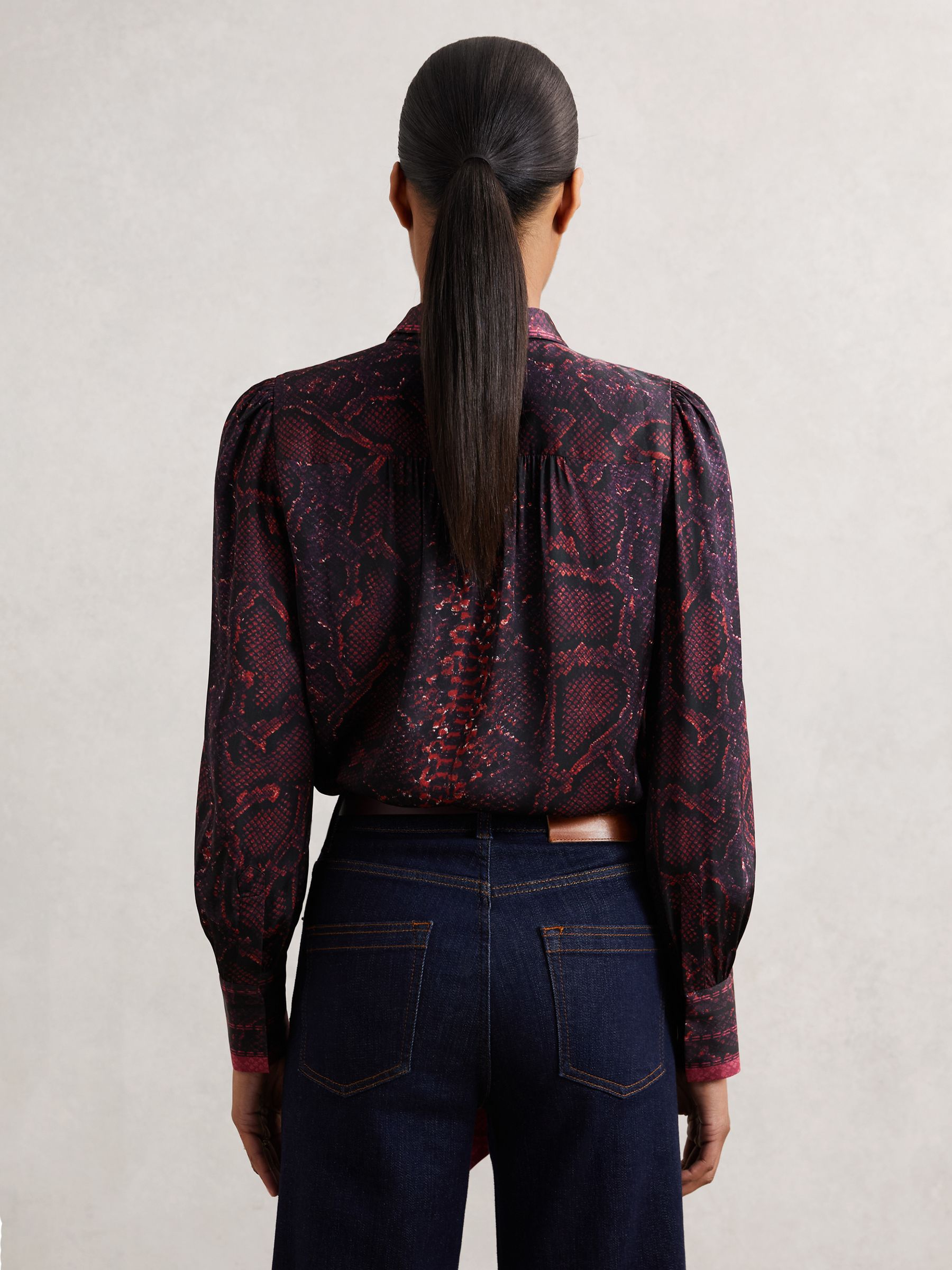 Snake-Print Tie-Neck Blouse in Burgundy