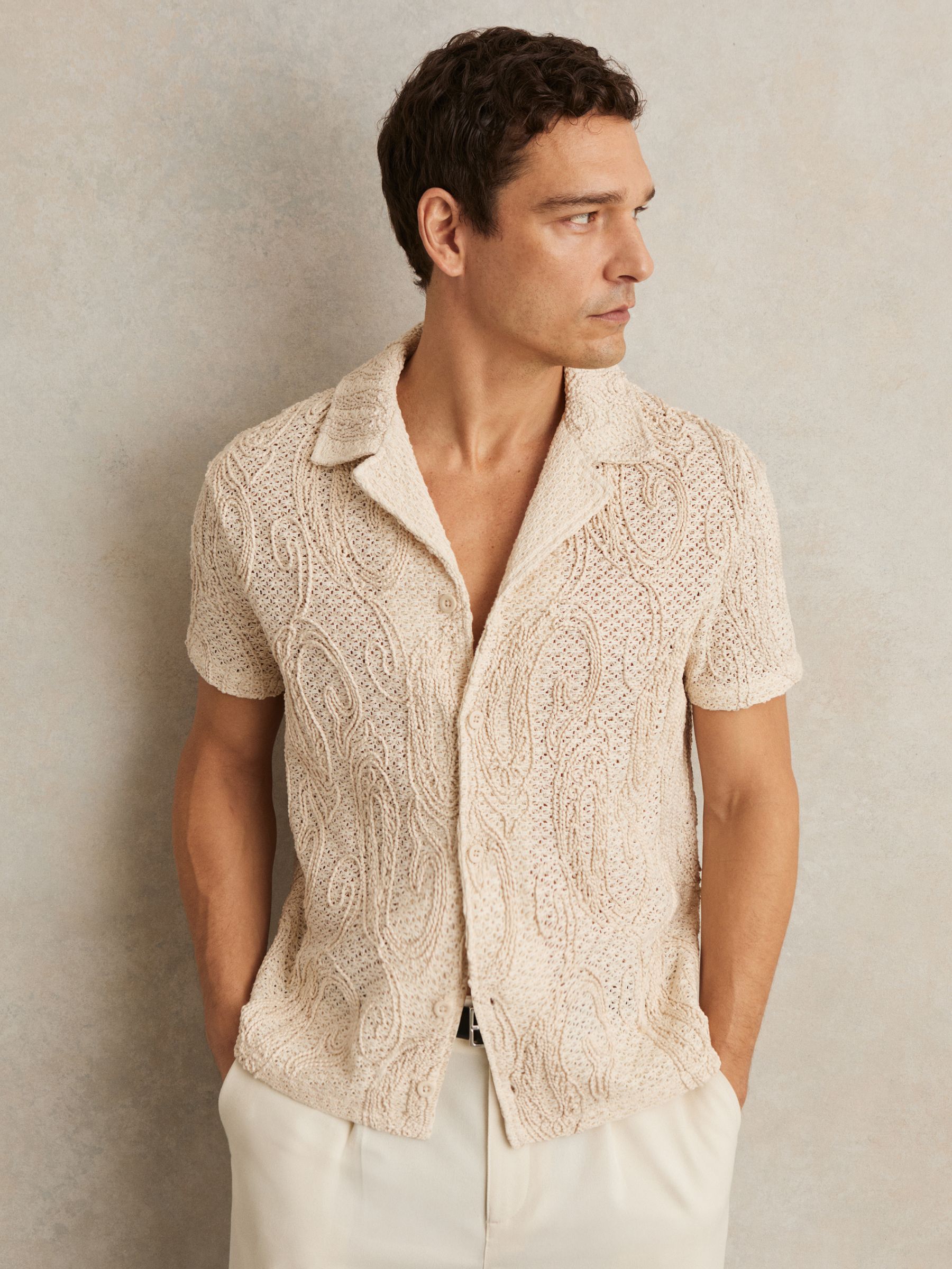 Cotton-Blend Embroidered Crochet Shirt in Oatmeal