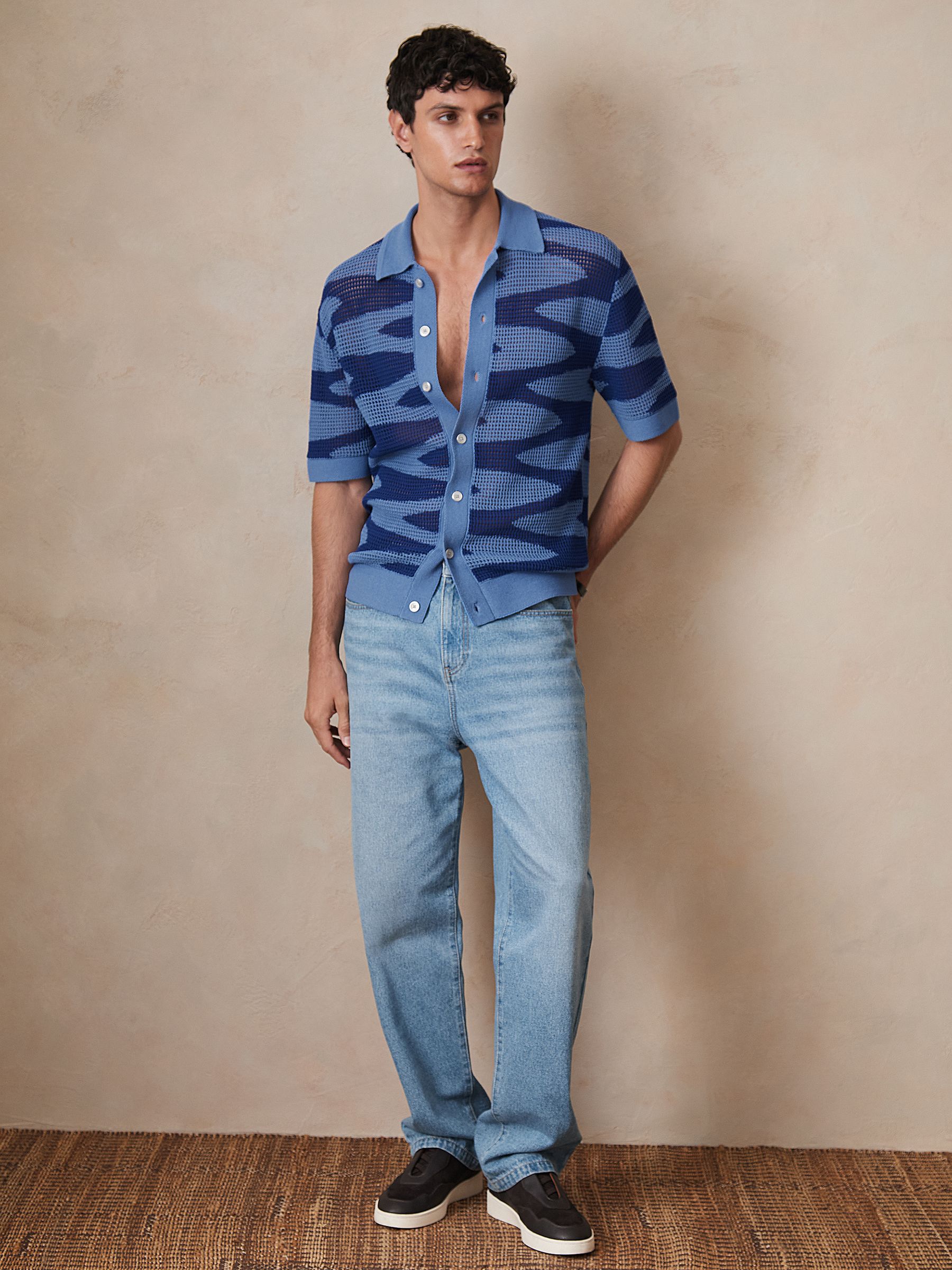 Reiss | Ché Wave Crochet Shirt in Blue